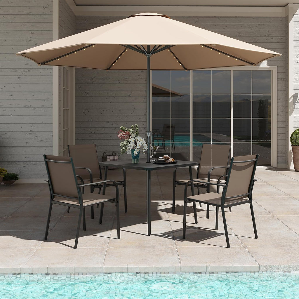 LAUSAINT HOME 5-Piece Outdoor Dining Set, Patio Furniture Set with Textilene Chairs and Square Metal Table, All-Weather Table and Chairs Set with Umbrella Hole for Backyard, Garden, and Poolside