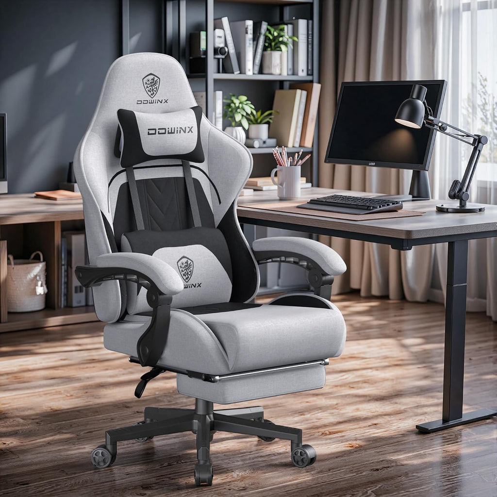 Dowinx Big and Tall Gaming Chair Fabric with Footrest Pocket Spring Cushion for Home Office, High Back Recliner Height Adjustable Ergonomic Comfy Cloth Computer Desk Chair, Black Grey