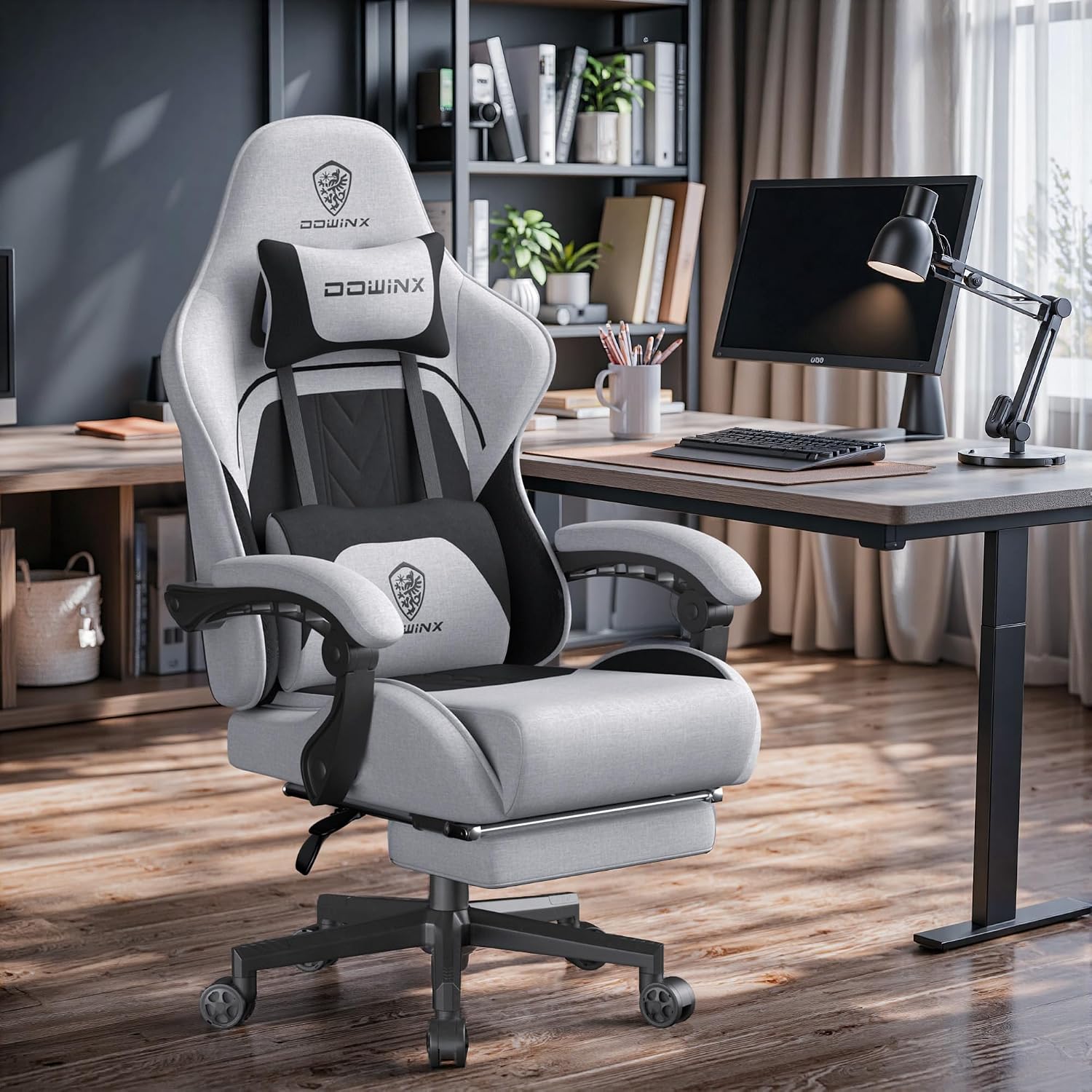 Dowinx Big and Tall Gaming Chair Fabric with Footrest Pocket Spring Cushion for Home Office, High Back Recliner Height Adjustable Ergonomic Comfy Cloth Computer Desk Chair, Black Grey