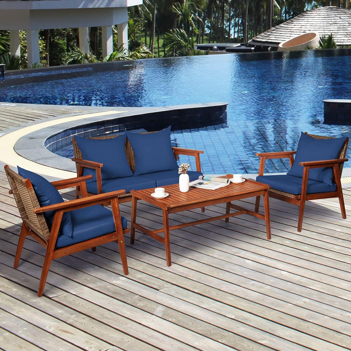 Tangkula 4 PCS Patio Wood Sofa Set, Outdoor Acacia Wood Seating Chat Set with Cushions & Coffee Table, Sectional Conversation Sofa Set for Garden, Backyard, Poolside (1, Blue)