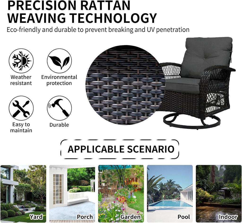 SHGJ&SOFT 3 Piece Patio Furniture Set, 2 Outdoor Swivel Rocking Chairs with Side Table, Wicker Glider Chairs, All-Weather Rattan Bistro Set for Porch, Deck, Pool (Grey, Brown Open-Weave Rattan)