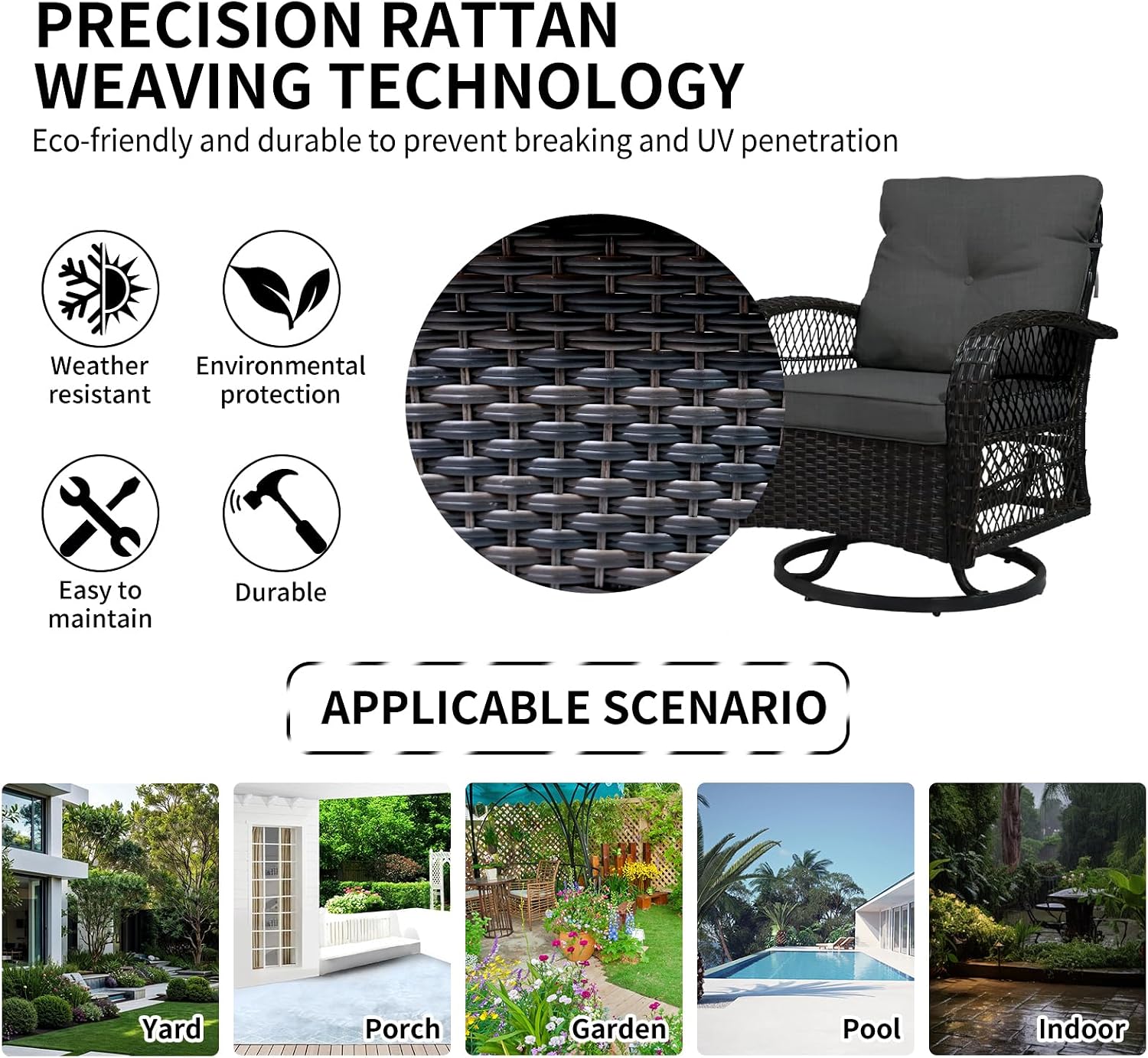 SHGJ&SOFT 3 Piece Patio Furniture Set, 2 Outdoor Swivel Rocking Chairs with Side Table, Wicker Glider Chairs, All-Weather Rattan Bistro Set for Porch, Deck, Pool (Grey, Brown Open-Weave Rattan)