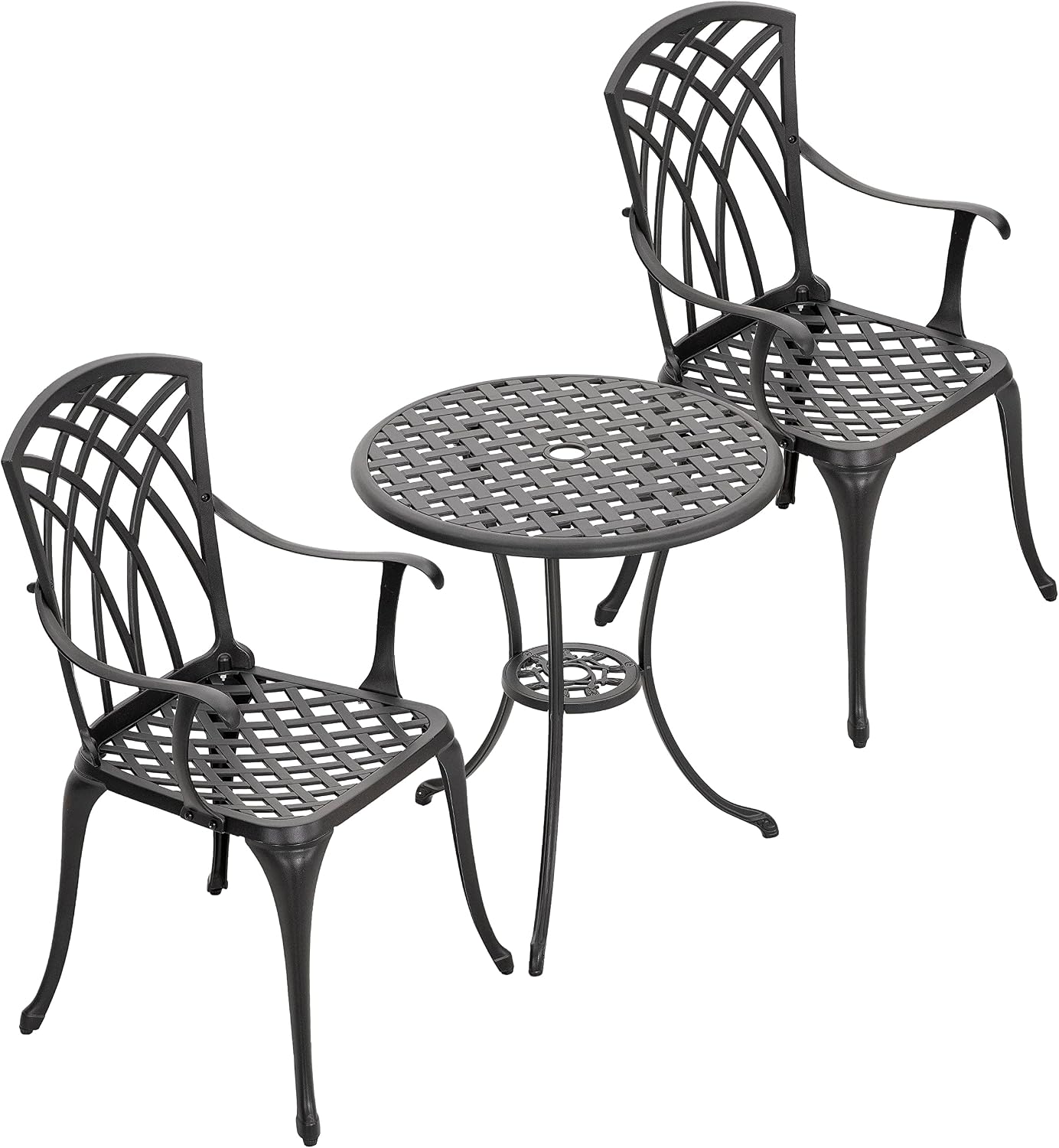 NUU GARDEN Patio Bistro Sets 3 Piece Cast Aluminum Bistro Table and Chairs Set with Umbrella Hole Bistro Set of 2 for Patio Backyard, Black