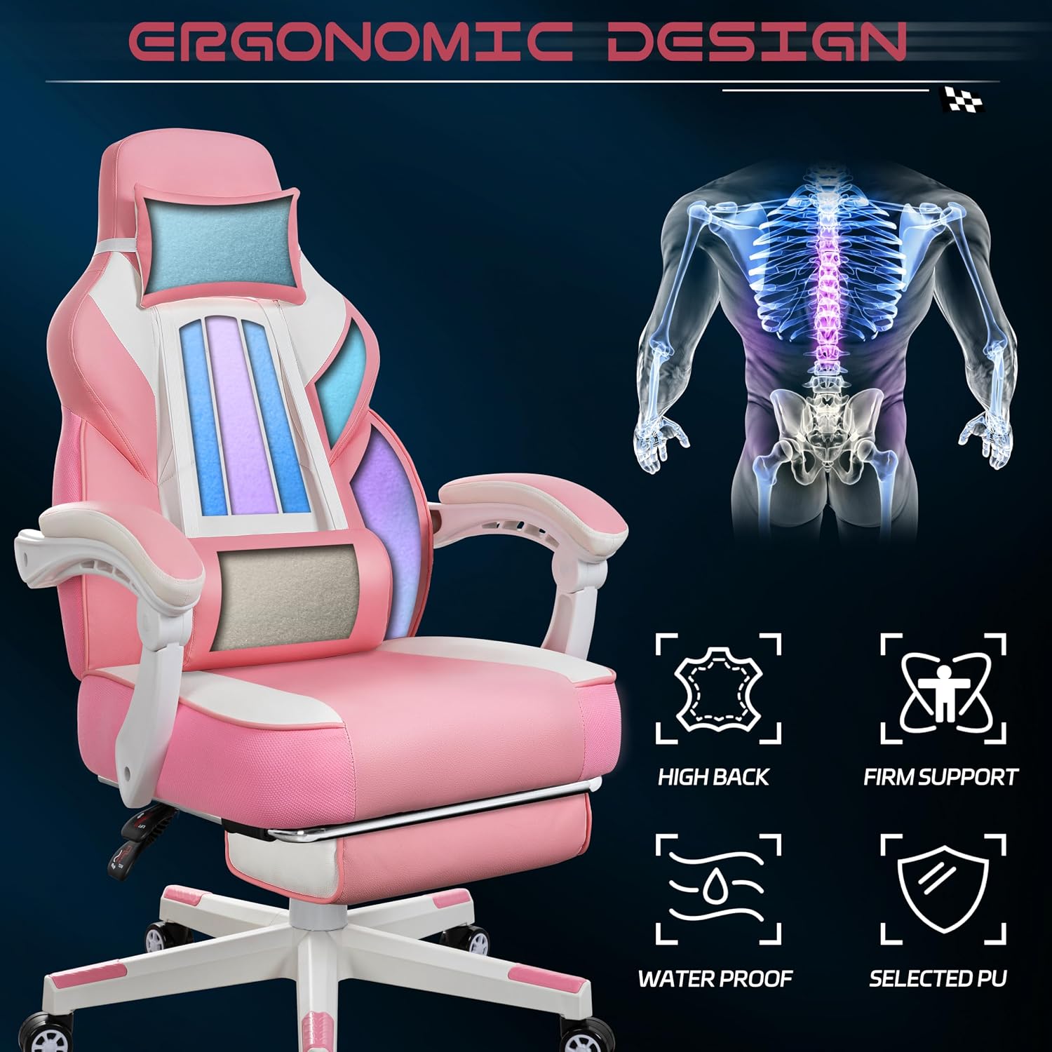 Big and Tall Gaming Chair for Adults, 330lbs Heavy Duty Computer Chair with Footrest & Massage Lumbar Support, Wide Seat High Back Reclining Desk Chair, Pink