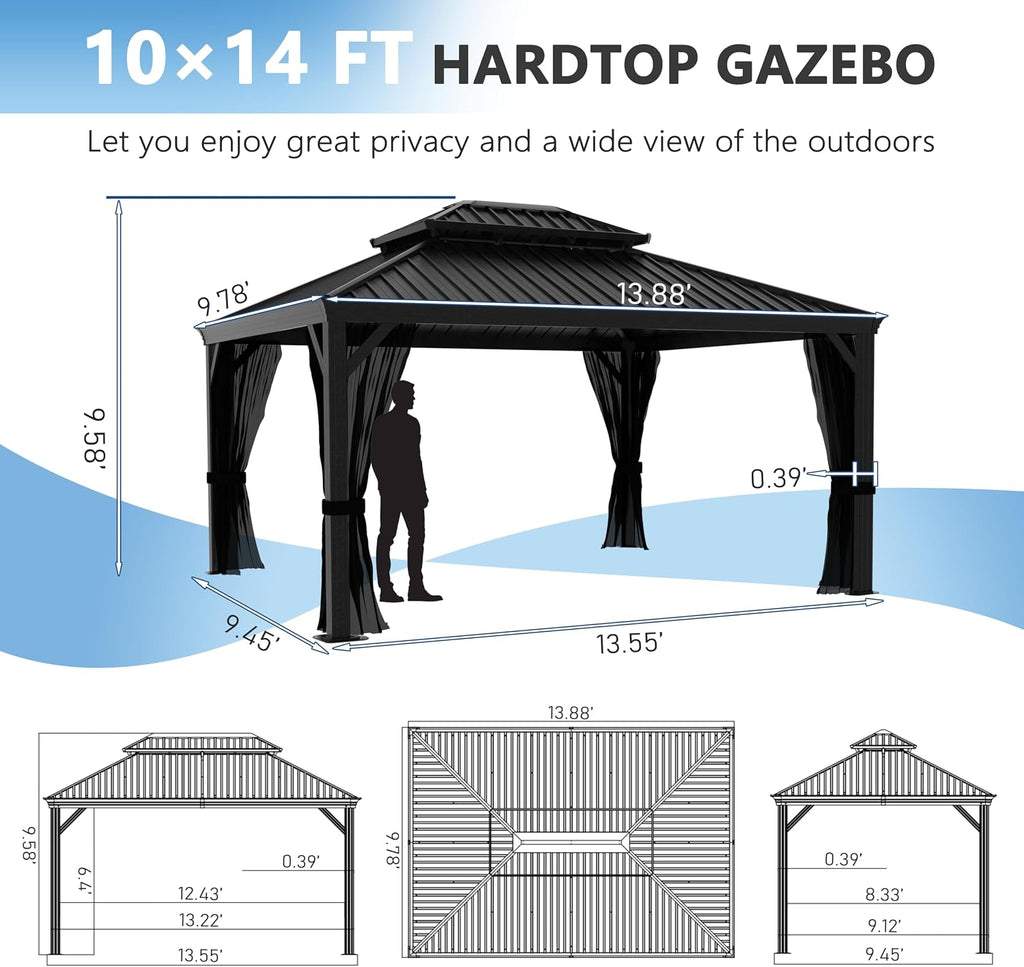 Yardenaler 10x14 FT Hardtop Gazebo Canopy with Double Galvanized Steel Roof, Aluminum Frame Gazebos, Permanent Outdoor Pavilion with Mesh Netting for Patio, Backyard, Garden, Black