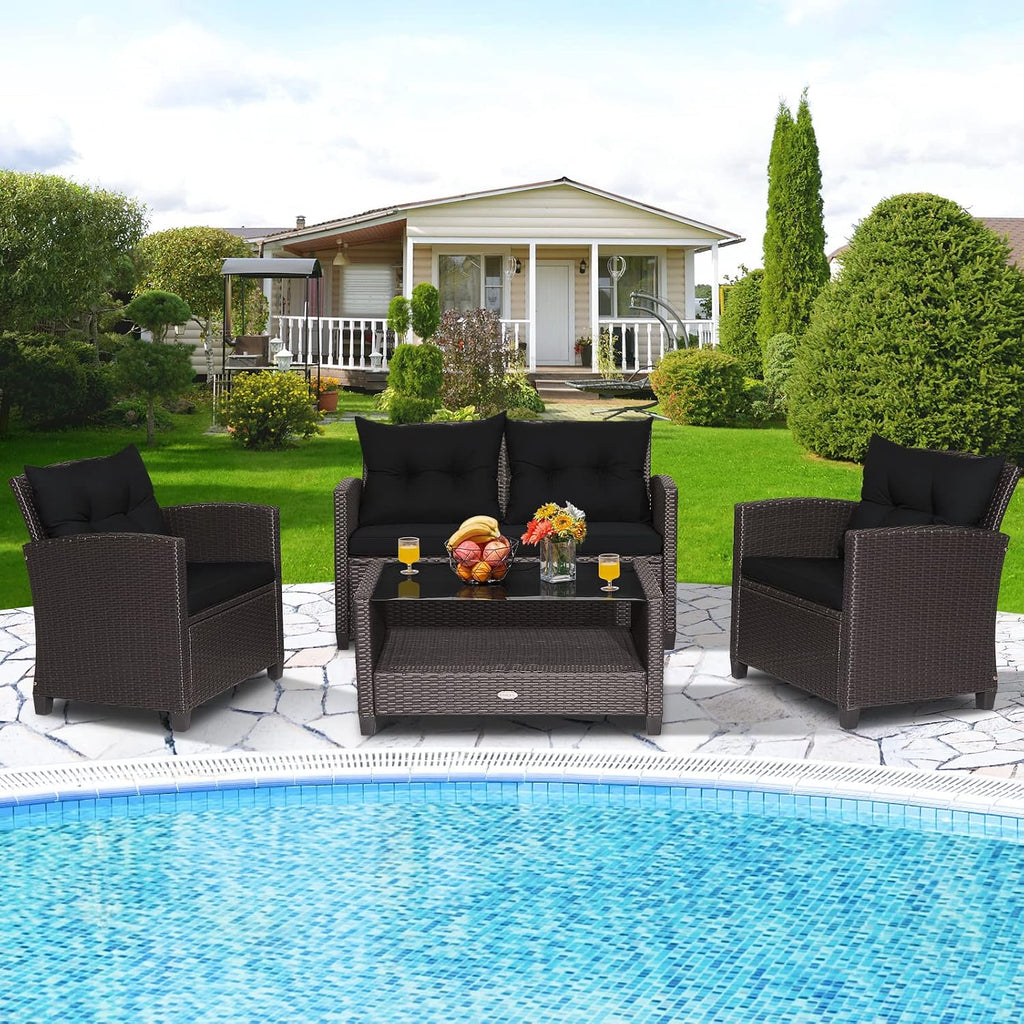 Tangkula 8-Piece Patio Furniture Set, Rattan Wicker Chair Set with 2 Loveseat, 4 Single Sofas, 2 Coffee Table with Tempered Glass Top, Outdoor Furniture Sets for Backyard, Porch, Garden and Poolside