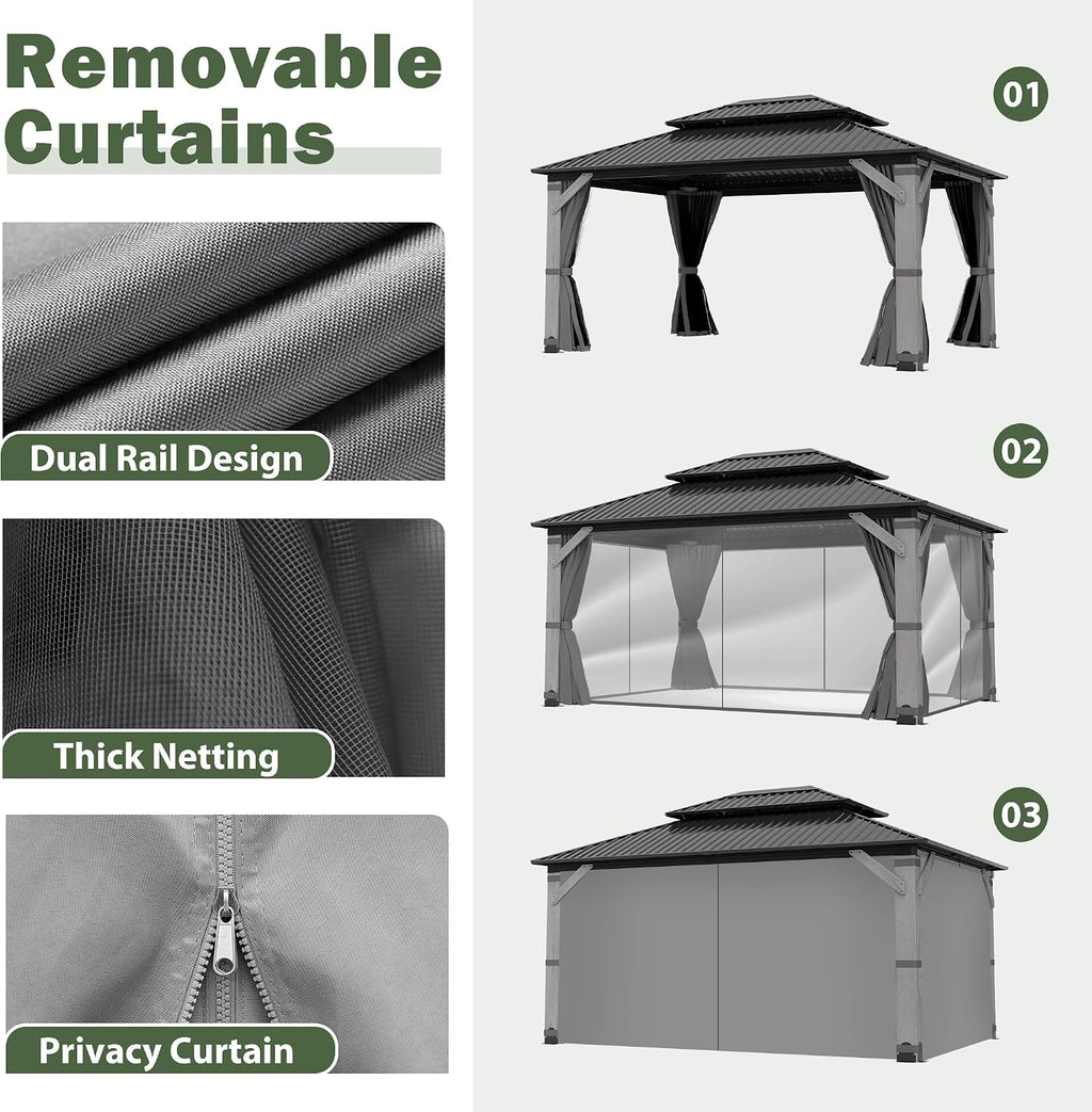 12x16FT Hardtop Wood Gazebo, Outdoor Gazebo with Cedar Wooden Pillar & Double Metal Roof - Weather-Resistant Gazebos Pavilion for Patio, Garden, Backyard (w/Netting & Gray Curtains)