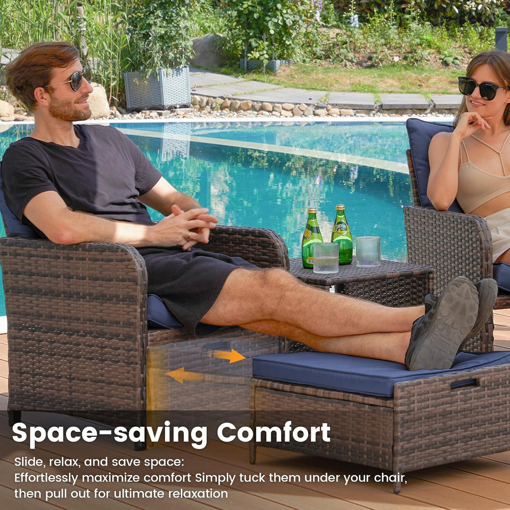UDPATIO Balcony Furniture Patio Chairs with Hidden Ottoman 5 Piece Patio Furniture Set with Side Table for Front Porch, Blue Cushion