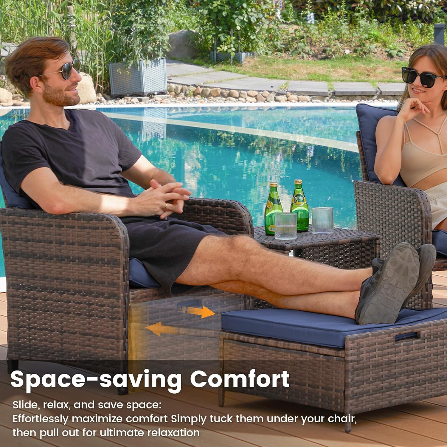 UDPATIO Balcony Furniture Patio Chairs with Hidden Ottoman 5 Piece Patio Furniture Set with Side Table for Front Porch, Blue Cushion