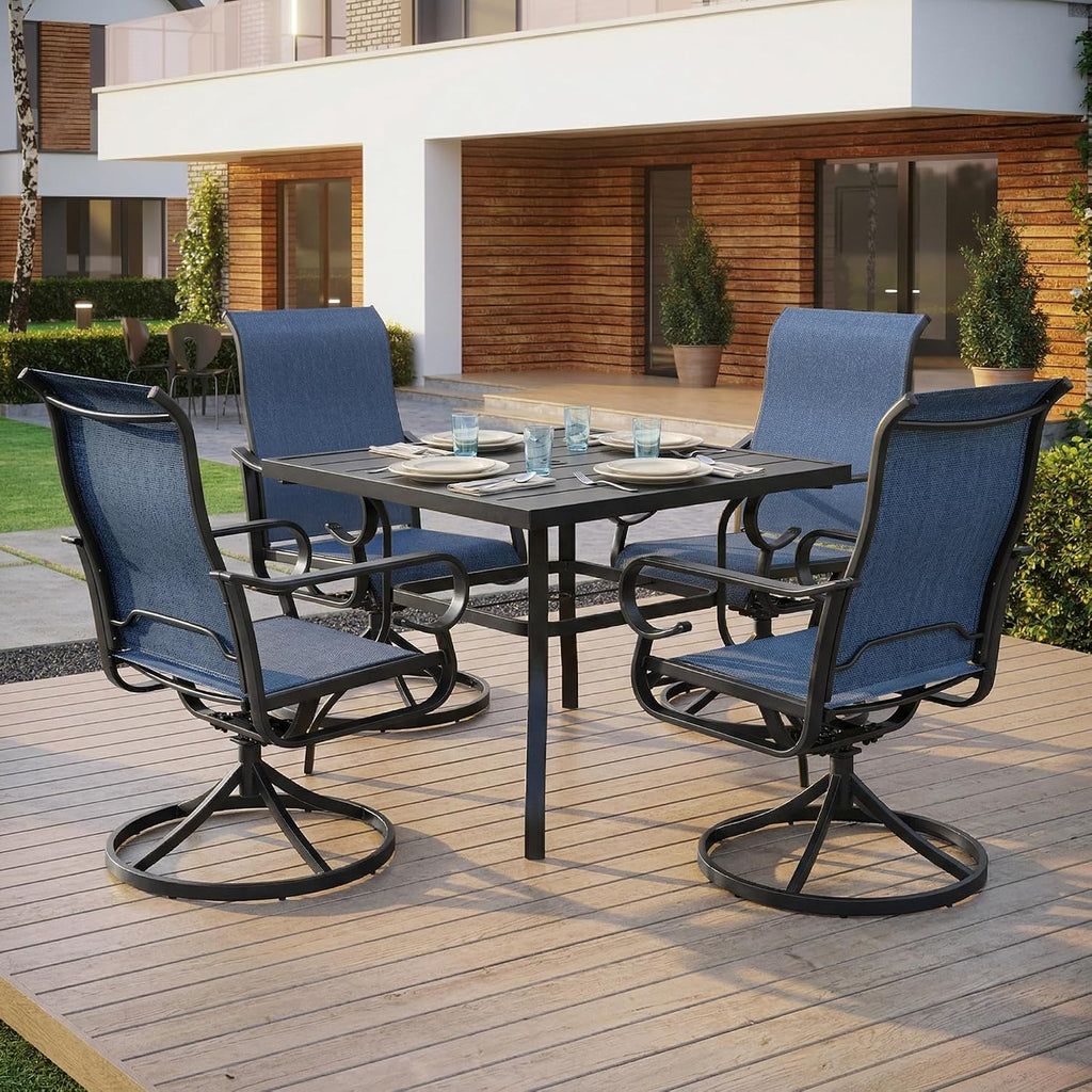 NUU GARDEN 5-Piece Breathable Textilene Outdoor Dining Set, Slatted Outdoor Table and Chairs with Swivel Base, All Weather Patio Furniture Set with Umbrella Hole for Backyard, Garden, Blue