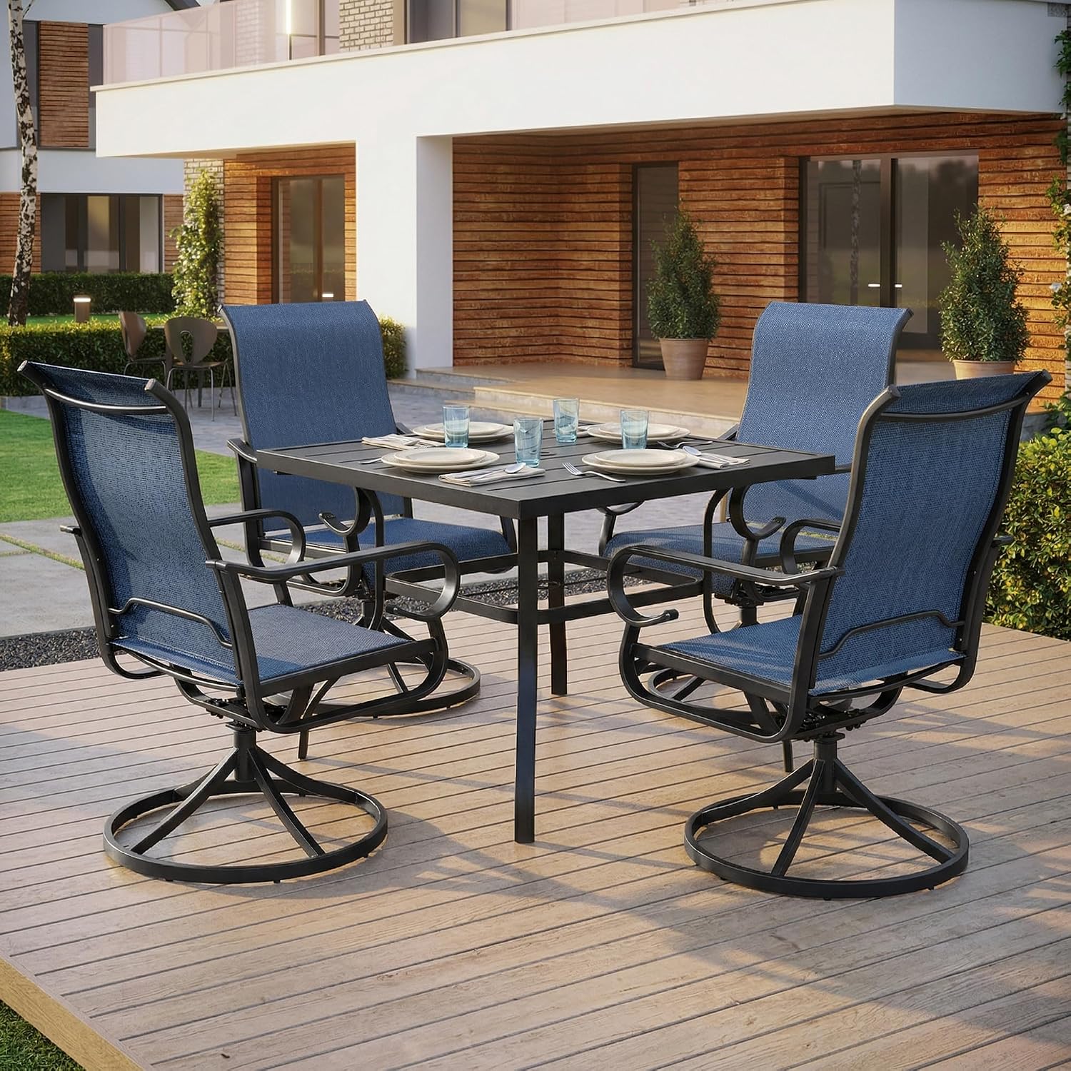 NUU GARDEN 5-Piece Breathable Textilene Outdoor Dining Set, Slatted Outdoor Table and Chairs with Swivel Base, All Weather Patio Furniture Set with Umbrella Hole for Backyard, Garden, Blue