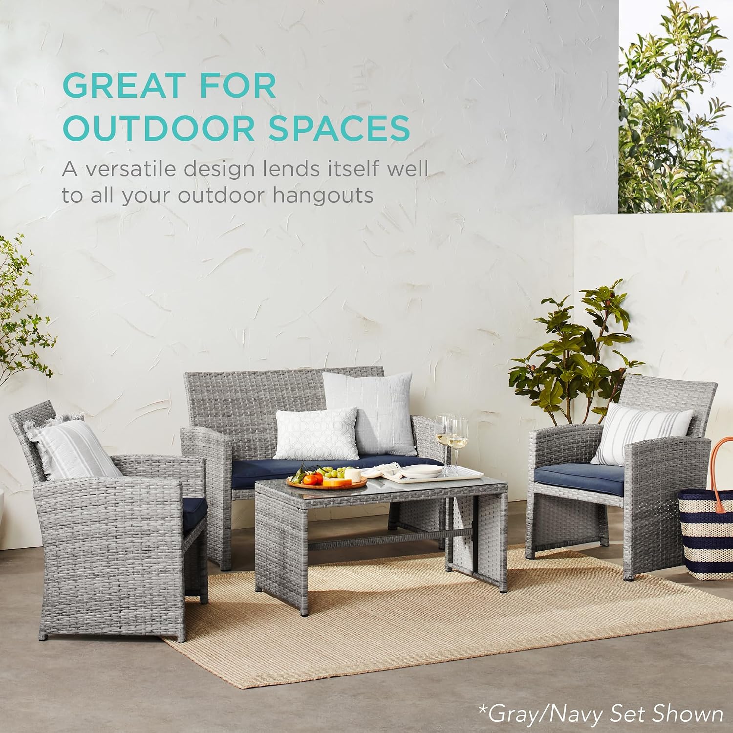 Best Choice Products 4-Piece Outdoor Wicker Patio Conversation Furniture Set for Backyard w/Coffee Table, Seat Cushions - Black/Deep Burgundy