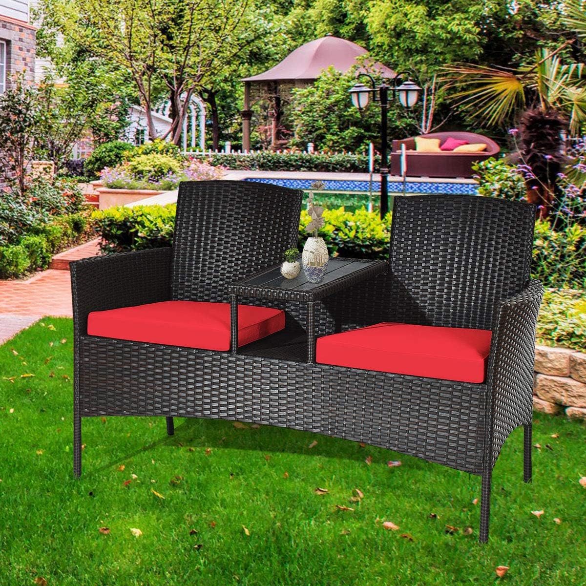 COSTWAY 2-Seat Patio Conversation Sets, Outdoor Patio Loveseat Set with Removable Cushions & Built-in Coffee Table for Backyard, Garden, Lawn, Balcony, Brown+Red