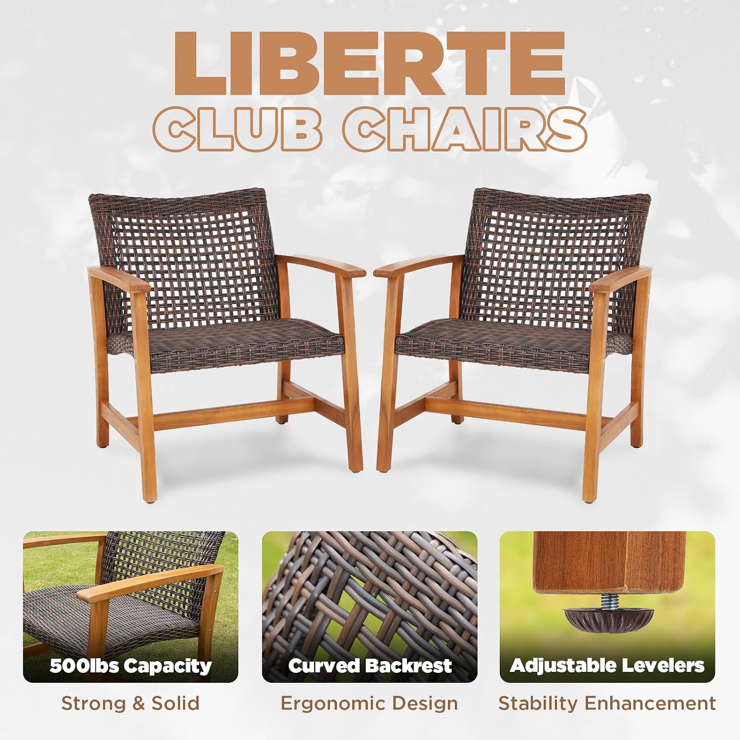 Idzo Liberte 500lbs Capacity Acacia Outdoor Club Chairs Set of 2, FSC Teak Finish Wood Patio Furniture Sets with Upgraded 2000Hours UV Resistant Wicker