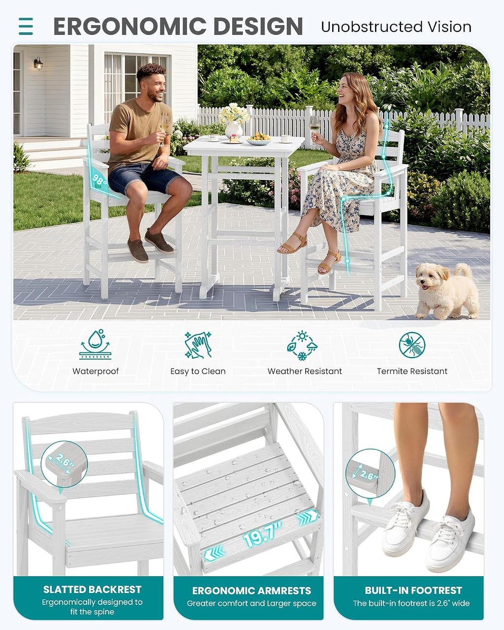 SERWALL 4 Pieces Outdoor Patio Bar Set with 9ft Umbrella, Outdoor HDPE Barstool and Table Furniture Set with Patio Umbrella, White