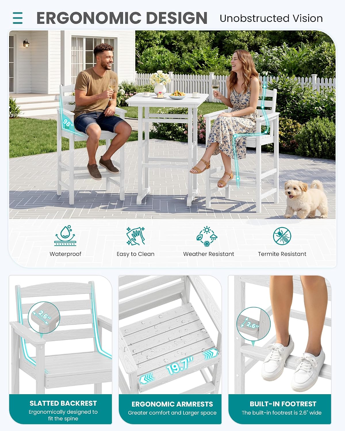 SERWALL 4 Pieces Outdoor Patio Bar Set with 9ft Umbrella, Outdoor HDPE Barstool and Table Furniture Set with Patio Umbrella, White