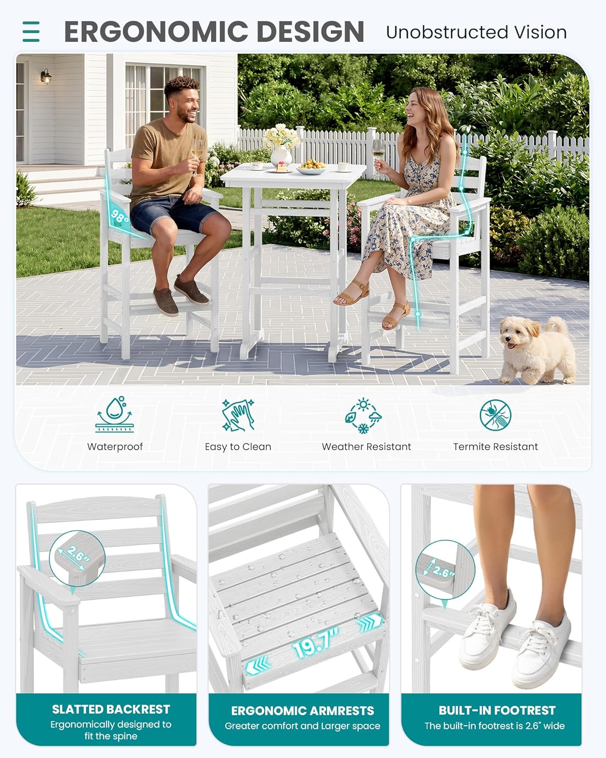 SERWALL 6 Pieces Outdoor Patio Bar Set with 9ft Umbrella, Outdoor HDPE Barstool and Table Furniture Set with Patio Umbrella, White