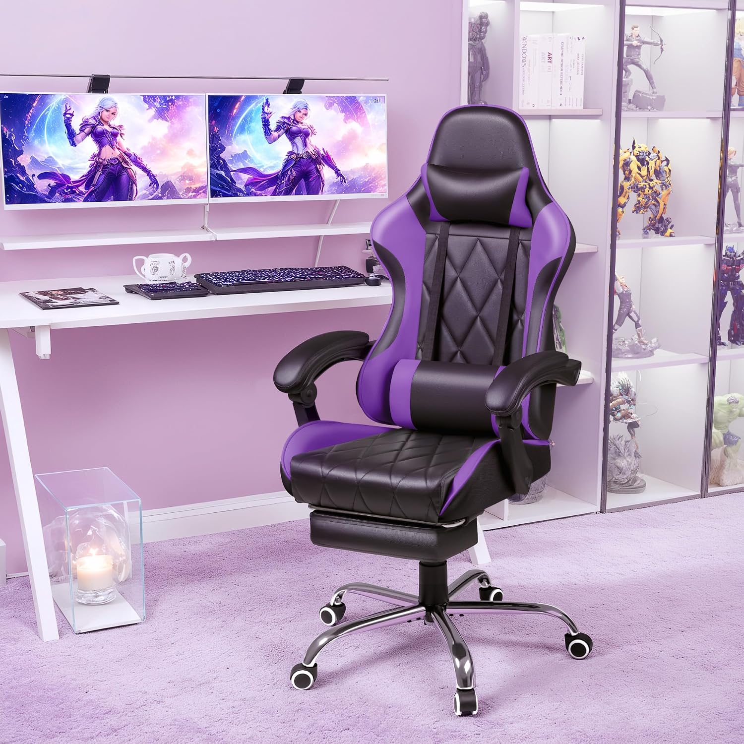 Shahoo Gaming Chair with Footrest and Massage Lumbar Support, Ergonomic Office Computer Seat Height Adjustable with Headrest, Purple