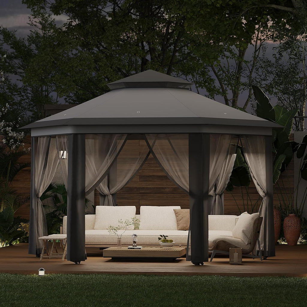 13'X13' Pop Up Gazebo,Patio Portable Gazebos with Mosquito Netting,Double-Layer Outdoor Canopy Tent,Hexagonal Pavilion for Garden Backyard Lawn & Deck,Heavy Duty Party