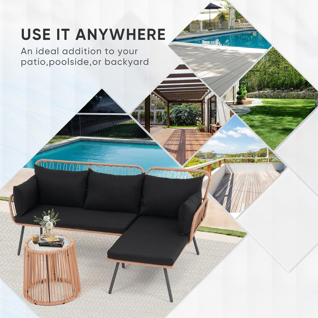 Verano Garden Outdoor Patio Furniture Set, 3 Piece Wicker Rattan Outdoor Balcony Furniture Set, L-Shaped Patio Conversation Sofa Set with Cushions and Round Glass Table (Black, 3PCS)