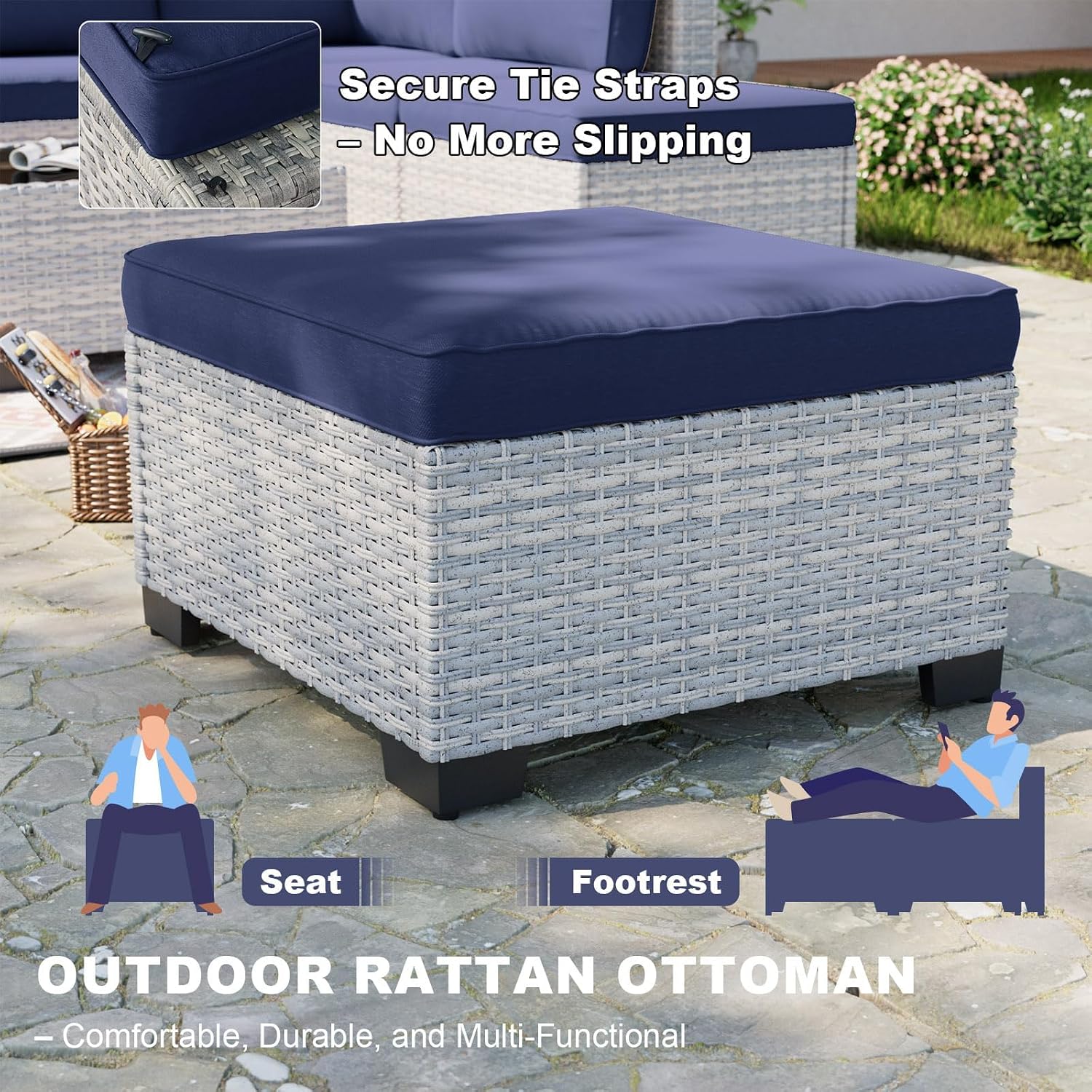 9-Piece Patio Furniture Set, Outdoor Sectional with Ottomans, Modular Patio Sofa, Dual-Strand Wicker Rattan, Rust-Resistant Frame, Backyard Furniture for Garden, Deck, Navy Blue