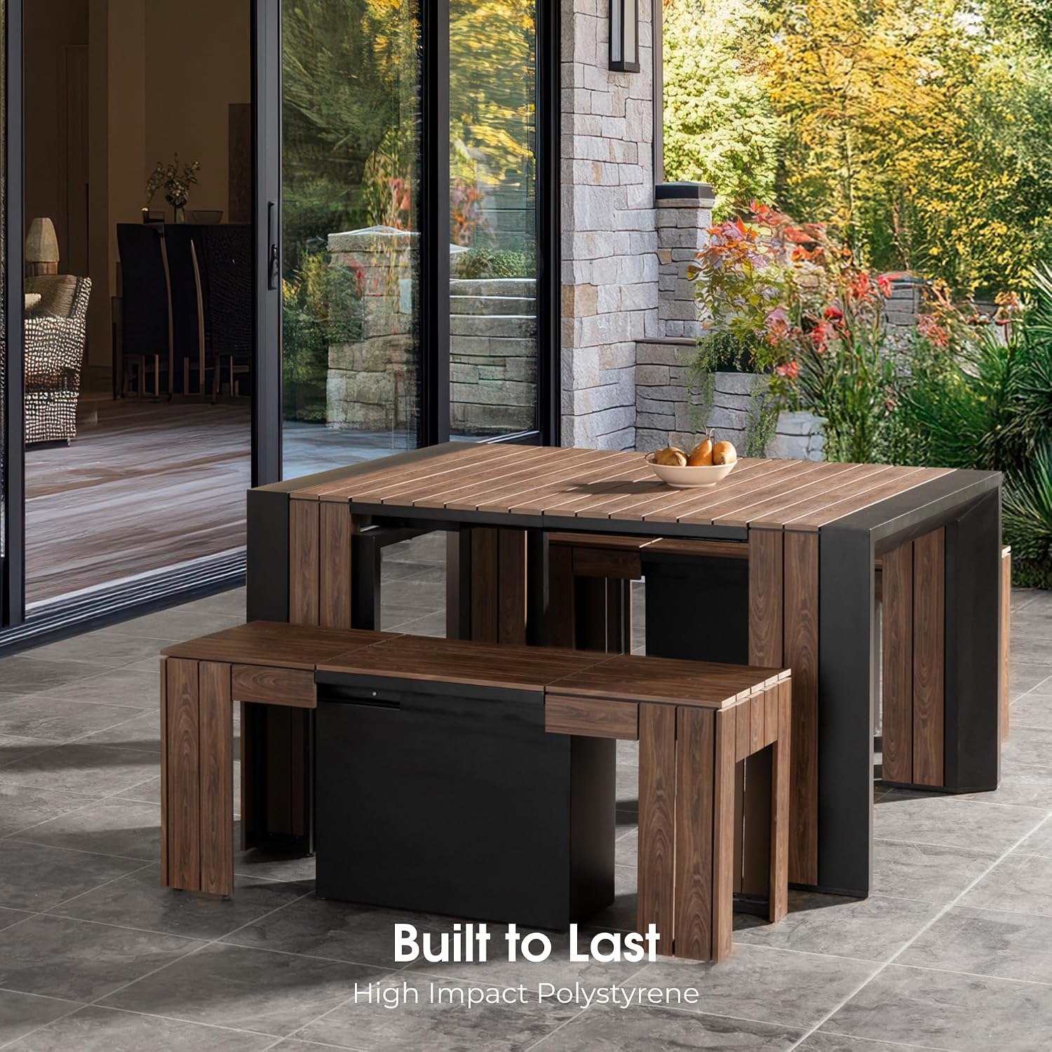 Transformer Table - Extendable Outdoor Dining Set up to 12, Expandable Patio Table, Weather-Resistant Patio Furniture, Outdoor Furniture, Dark Walnut, Brown (Table + 2 Benches)