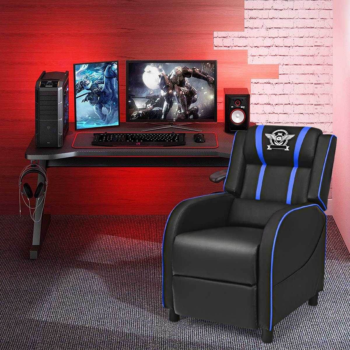 Giantex Gaming Recliner Chair, Adjustable Massage Gaming Chairs for Adults, Ergonomic Comfortable Lounge Leather Sofa w/Footrest, Remote Control & Side Pocket, Racing Style Single Sofa Recliners, Blue