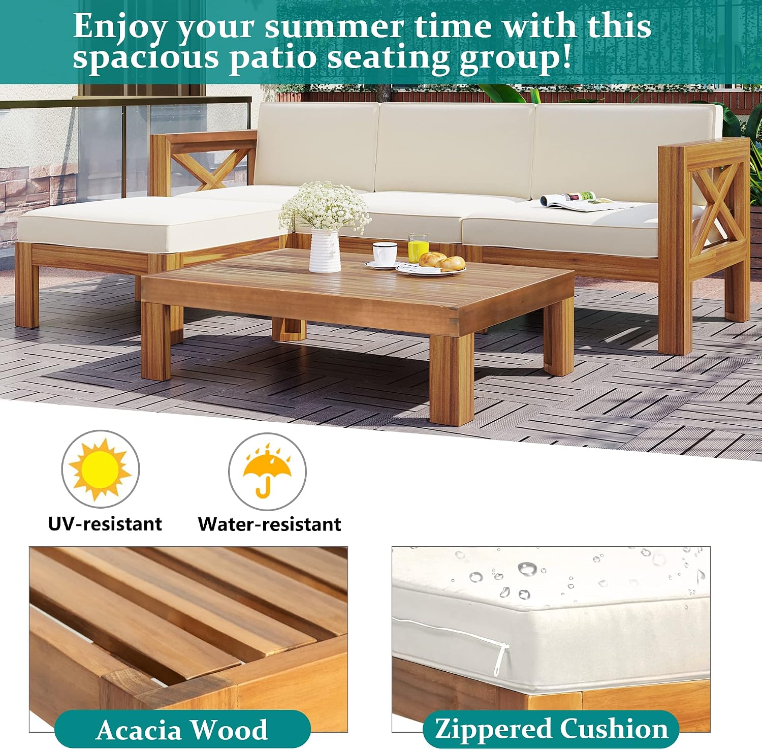 Upgrade Acacia Wood Outdoor Patio Sectional Sofa Set, 5-Piece All-Weather Conversation Sofa Set with Cushions and Side Coffee Table for Balcony Garden Backyard Poolside (Beige-UP)