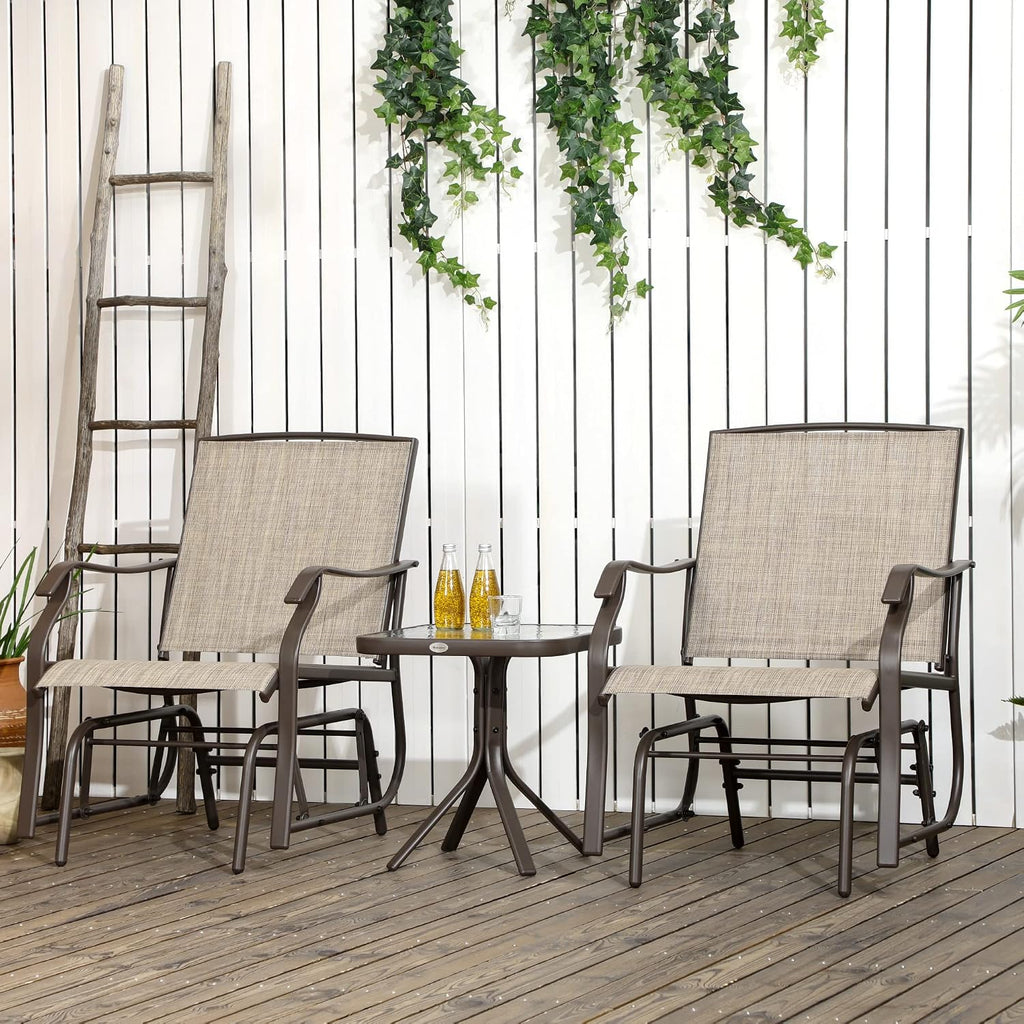 Outsunny 3 Piece Outdoor Glider Chair with Coffee Table Bistro Set, 2 Patio Rocking Swing Chairs with Breathable Sling Fabric, Glass Tabletop, for Backyard, Garden and Porch, Mixed Brown