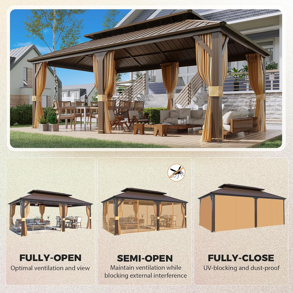 YOLENY 12' x 20' Gazebo Hardtop with Aluminum Frame,Galvanized Steel Double Roof Gazebos with Curtain and Netting,Outdoor Metal Pergolas for Garden, Lawn, Deck, Brown