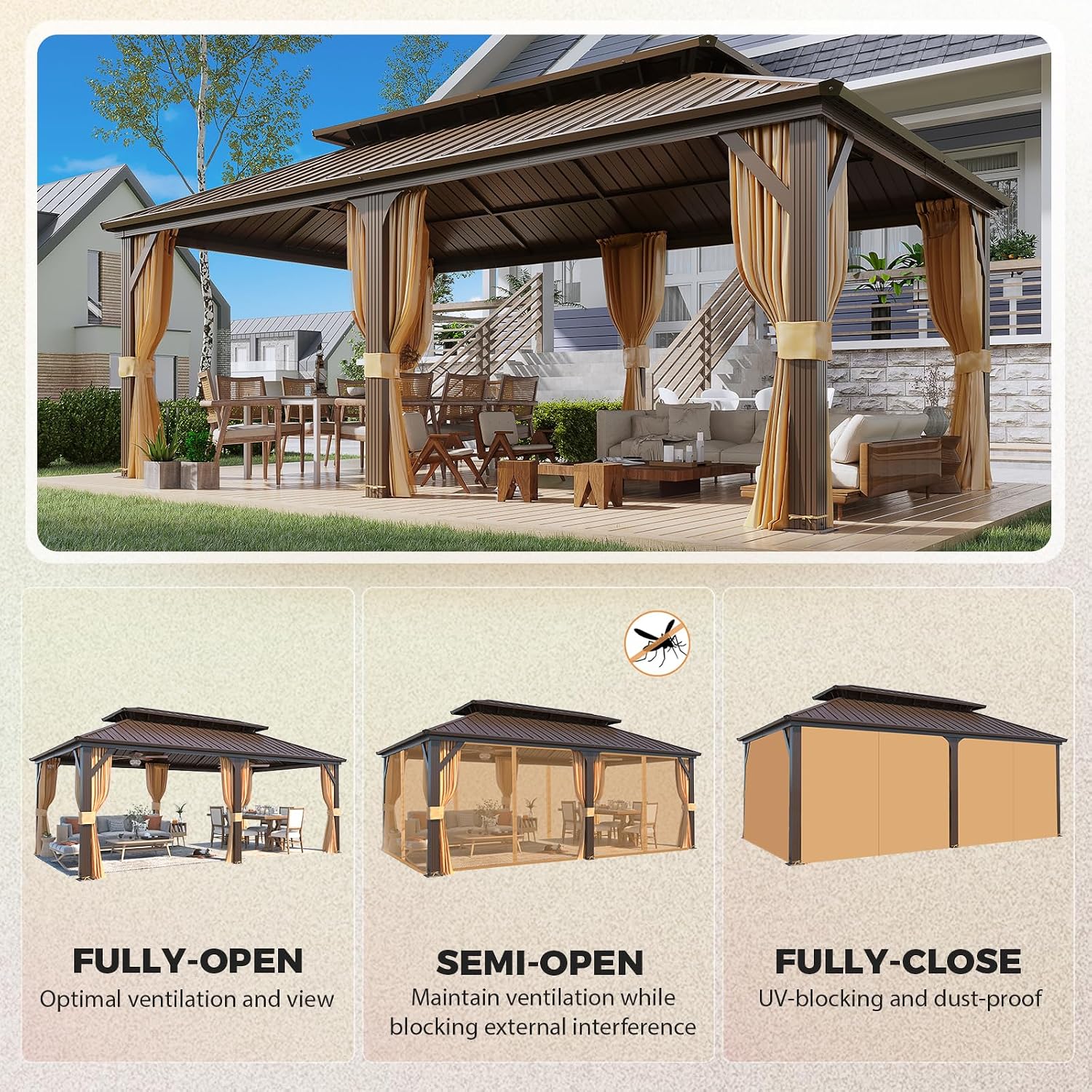 YOLENY 12' x 20' Gazebo Hardtop with Aluminum Frame,Galvanized Steel Double Roof Gazebos with Curtain and Netting,Outdoor Metal Pergolas for Garden, Lawn, Deck, Brown