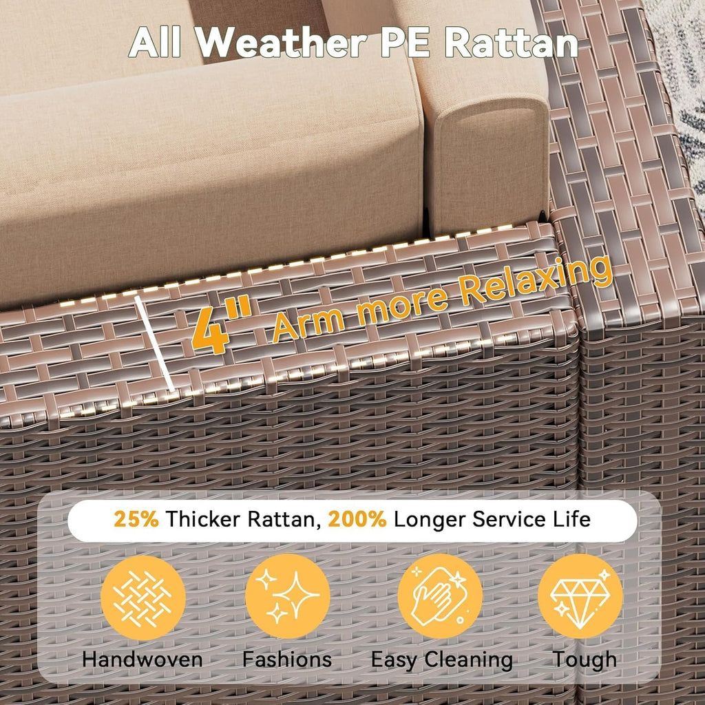 Aoxun 8 Piece Patio Furniture Set, Wicker Rattan Outdoor Furniture Set with Storage Box and Glass Top Table, Patio Sectional Set with Thick Cushions & Waterproof Cover, Beige
