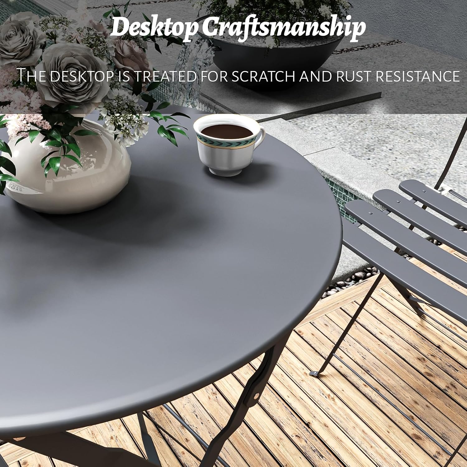 3-Piece Patio Bistro Set Outdoor Furniture Set Folding Bistro Table and Chairs with Premium Steel Frame Weather Resistant Conversation Set for Bistro Balcony Porch Yard Garden(grey with cushion)