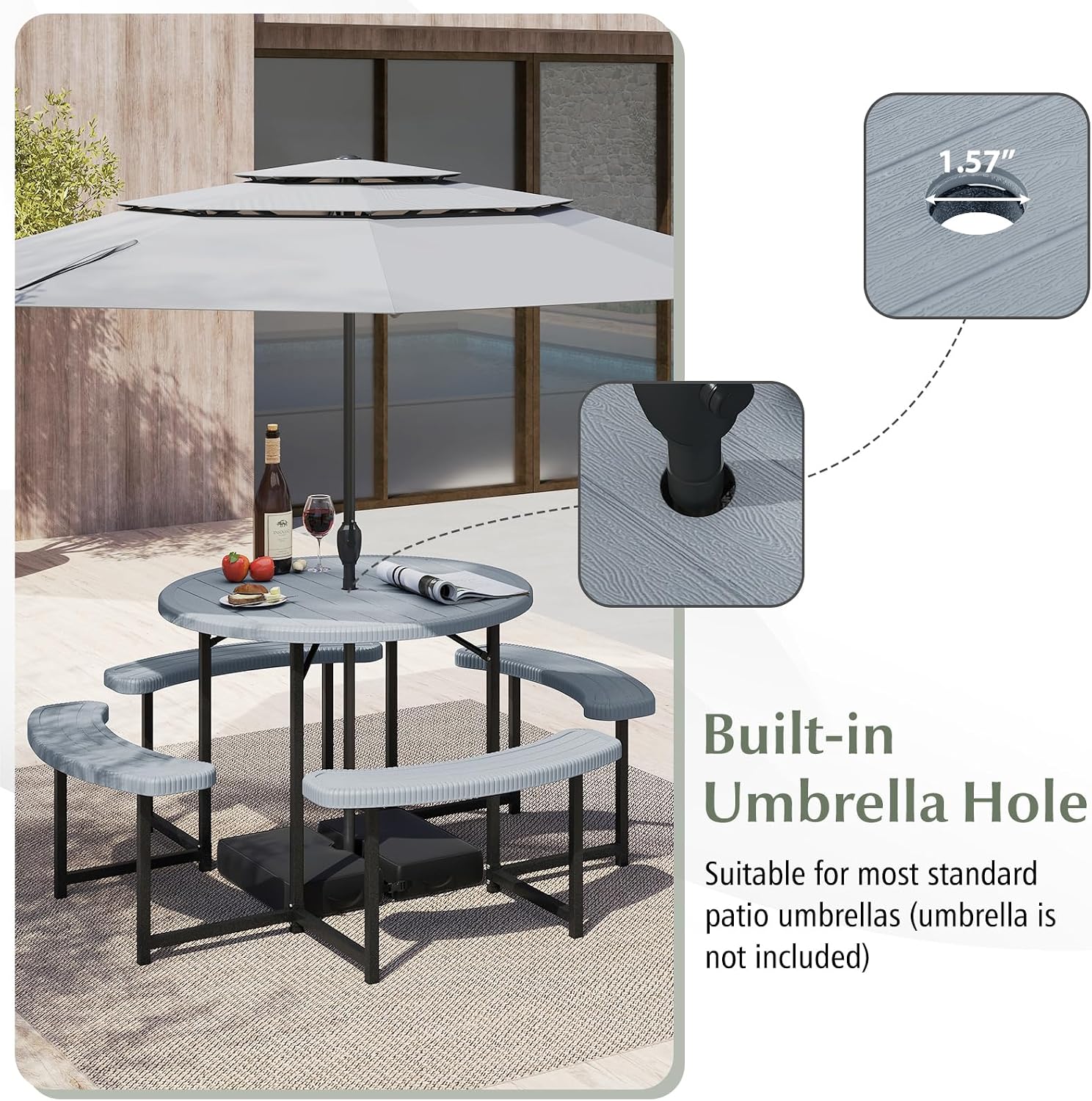 Giantex Picnic Table Bench Set for 4-8 Person, Round 37' Outdoor Dining Table w/Umbrella Hole, HDPE Tabletop, Metal Frame, Patio Furniture Set for Backyard Porch Lawn, 1400lb Capacity (Gray,Round)