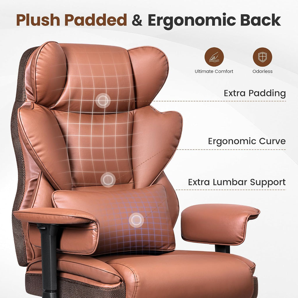 BESTFAIR Big and Tall Office Chair - 400 LBS Capacity Executive Chair with High Back & Footrest, Ergonomic Computer Gaming Chair for Heavy People, Wide Padded Seat, Brown PU Leather
