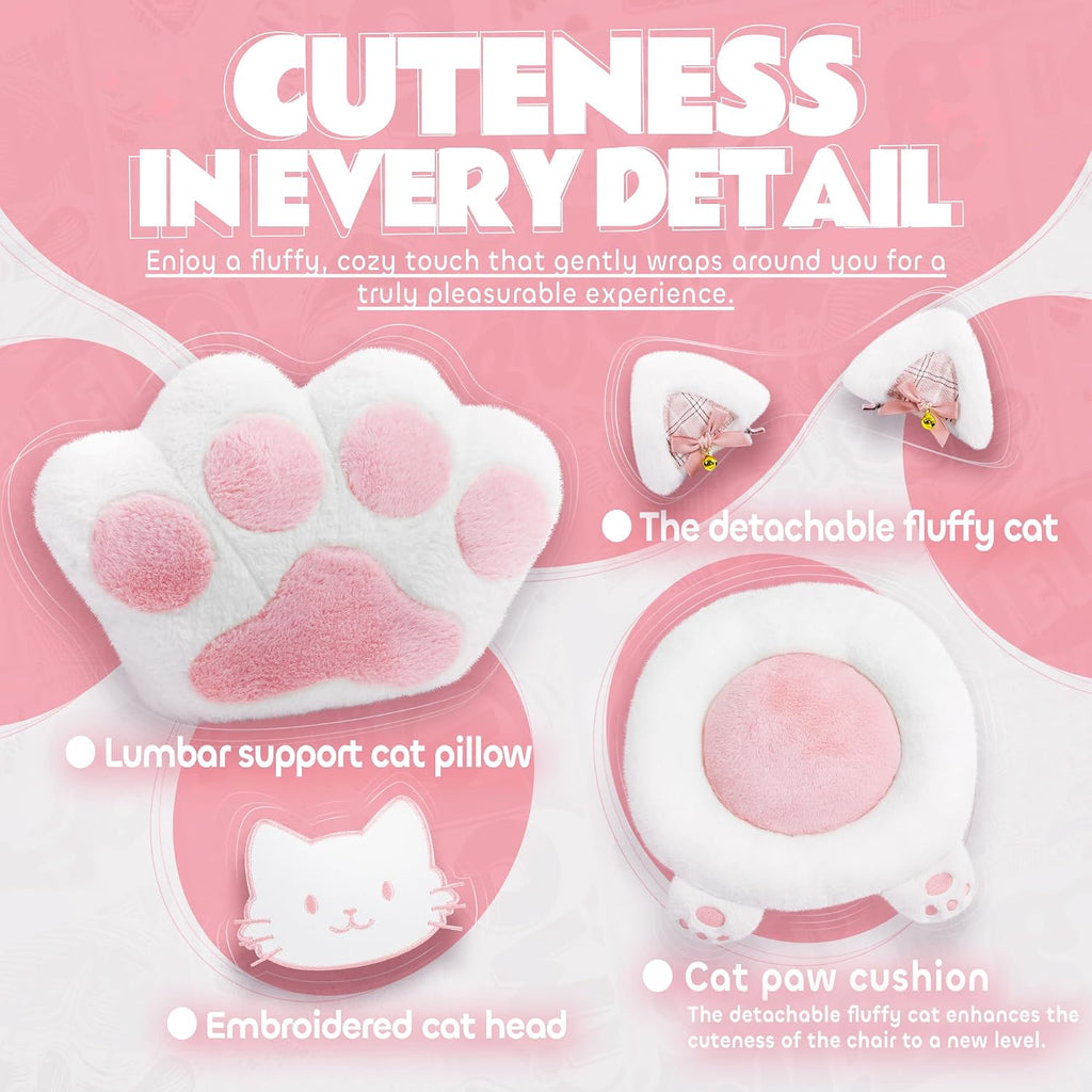 Pink Gaming Chair Cute with Cat Ears Paw Lumbar and Cushion,Ergonomic Computer Chair with Footrest,Reclining PC Game Chair for Girl Computer Chair 300lbs for Adult