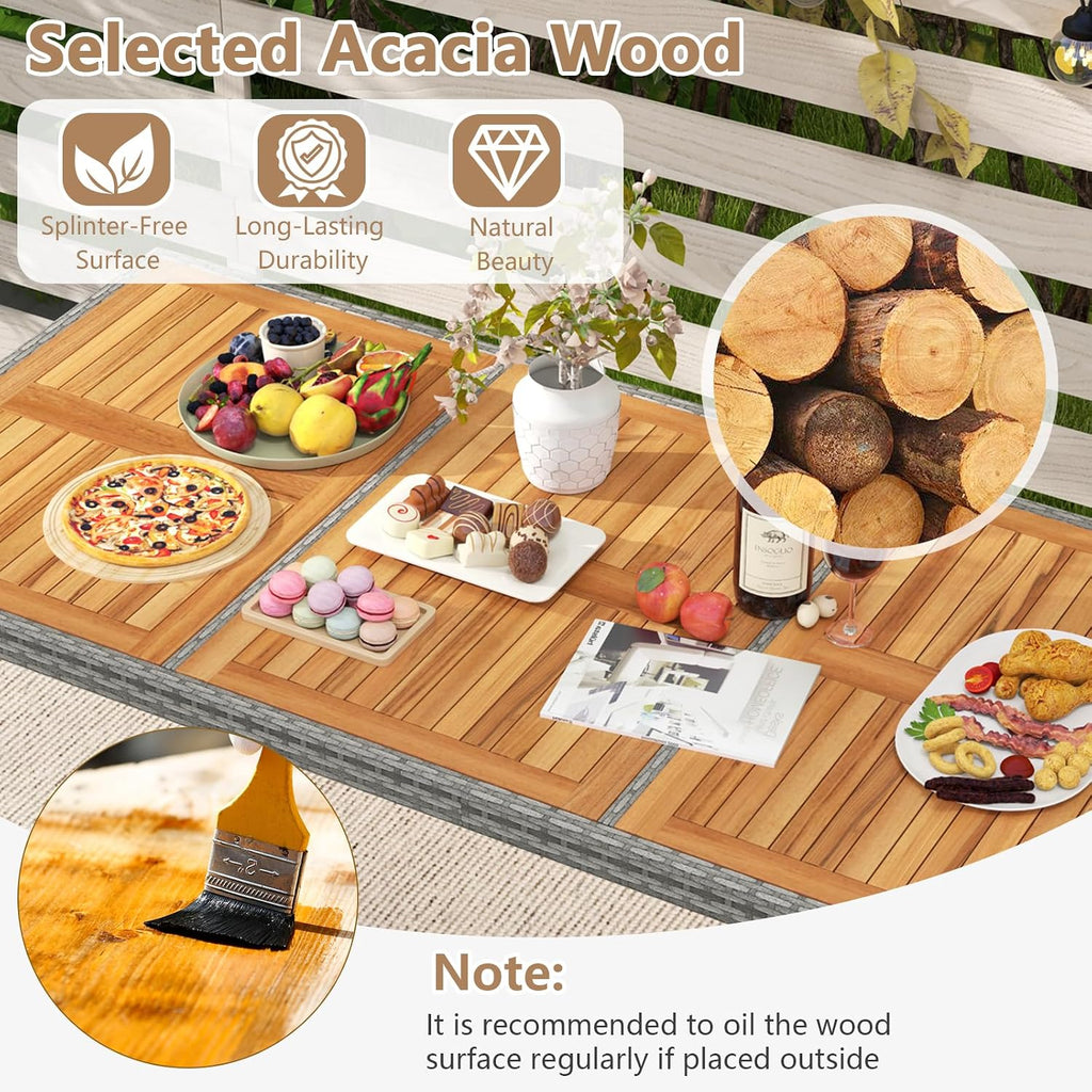 COSTWAY 9-Piece Patio Dining Set for 8, Outdoor Rattan Wicker Table and Chairs Furniture Set with Umbrella Hole, Acacia Wood Tabletop for Backyard, Balcony, Poolside, Grey & White
