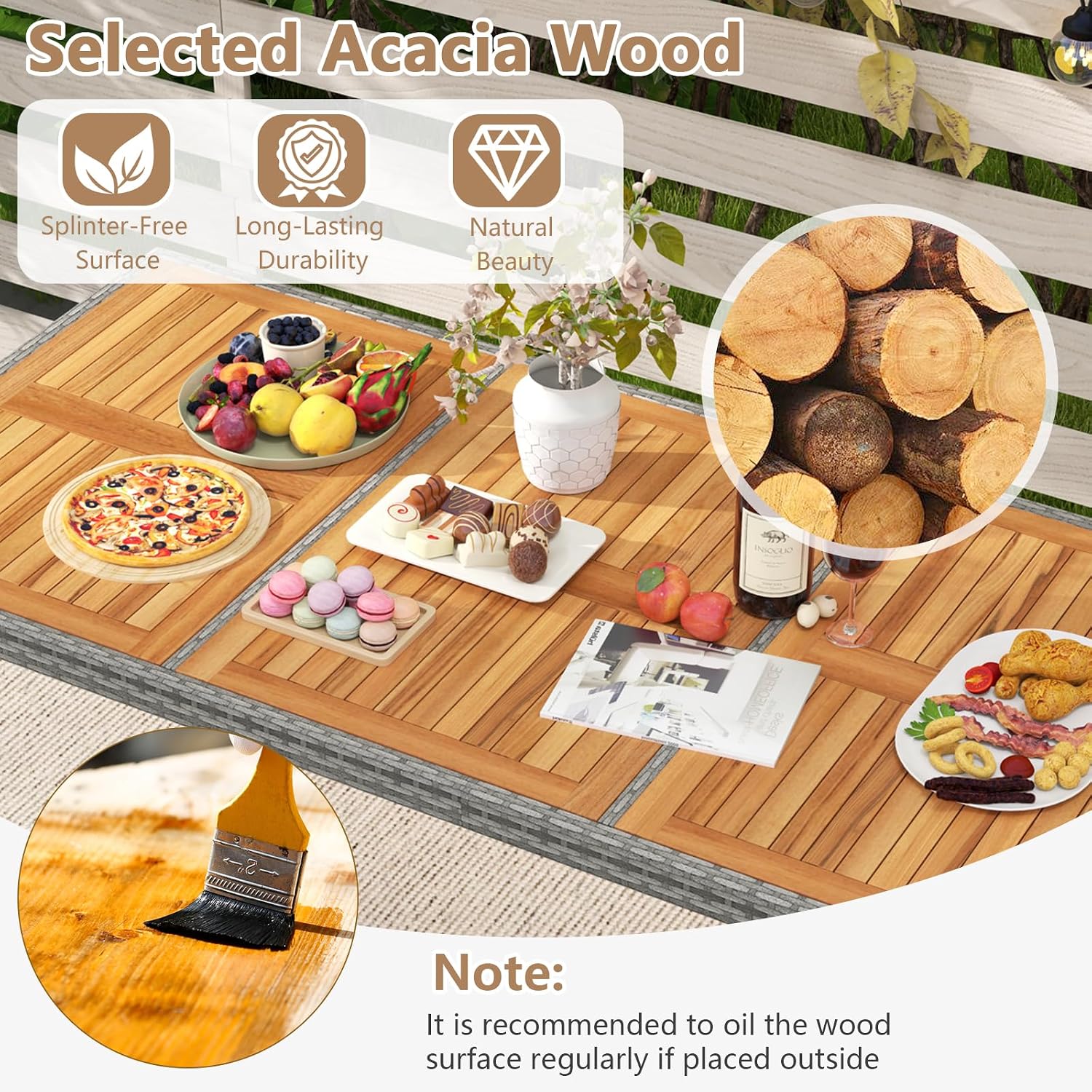 COSTWAY 9-Piece Patio Dining Set for 8, Outdoor Rattan Wicker Table and Chairs Furniture Set with Umbrella Hole, Acacia Wood Tabletop for Backyard, Balcony, Poolside, Grey & White