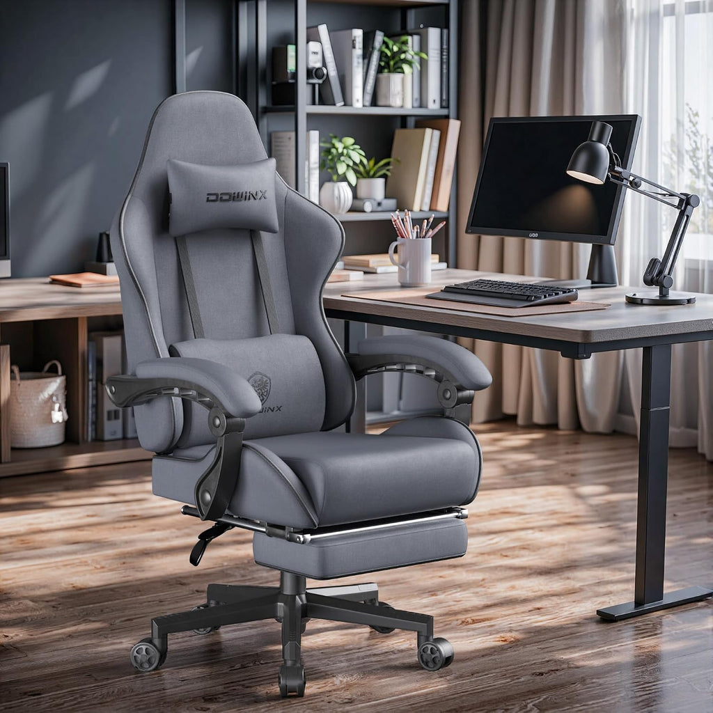 Dowinx Big and Tall Gaming Chair Fabric with Footrest Pocket Spring Cushion for Home Office, High Back Recliner Height Adjustable Ergonomic Comfy Cloth Computer Desk Chair, Grey