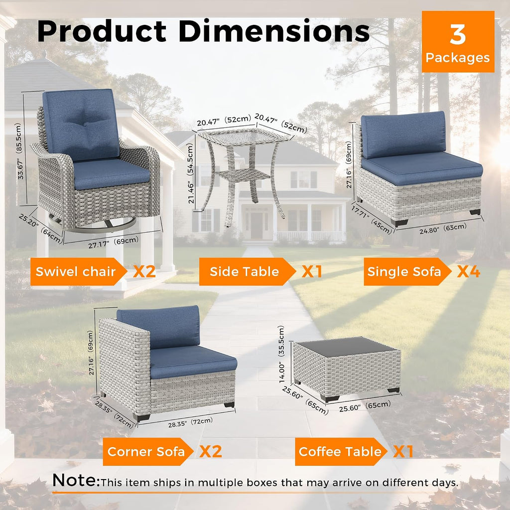 8-Seat Modern Patio Furniture Set with Swivel Rocking Chairs, Thick 4″ Cushions, Dual-Strand Wicker Rattan, Rust-Resistant Steel Frame – Outdoor Conversation & Modular Sectional,Navy