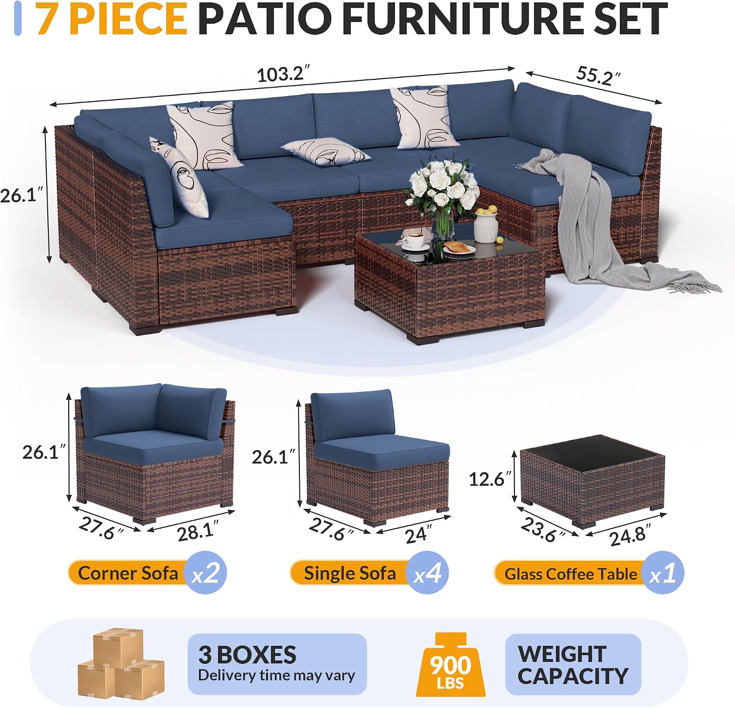 Patio Furniture Set, 7 Pieces Outdoor Modular Conversation Set Wicker Sectional Sofa for All Weather Rattan Patio Couch for Porch Garden Backyard Balcony Poolside (Blue)
