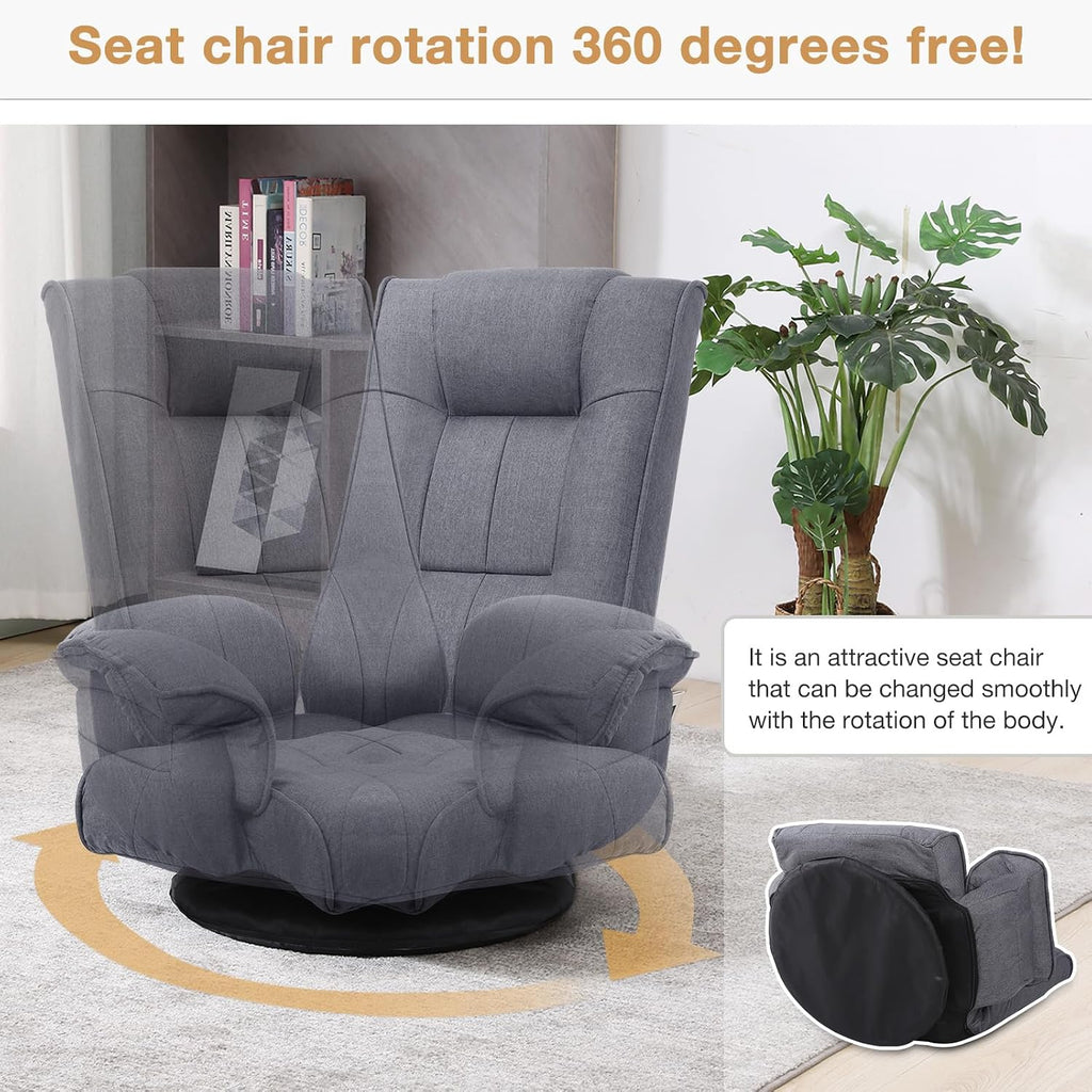 Ergonomic Swivel Floor Gaming Chair with Armrests & Side Pockets, 6-Position Reclining Sofa Bed, Foldable Padded Lounger with Thick Cushion & Lumbar Support for Esports, Reading, TV Watching (Grey)