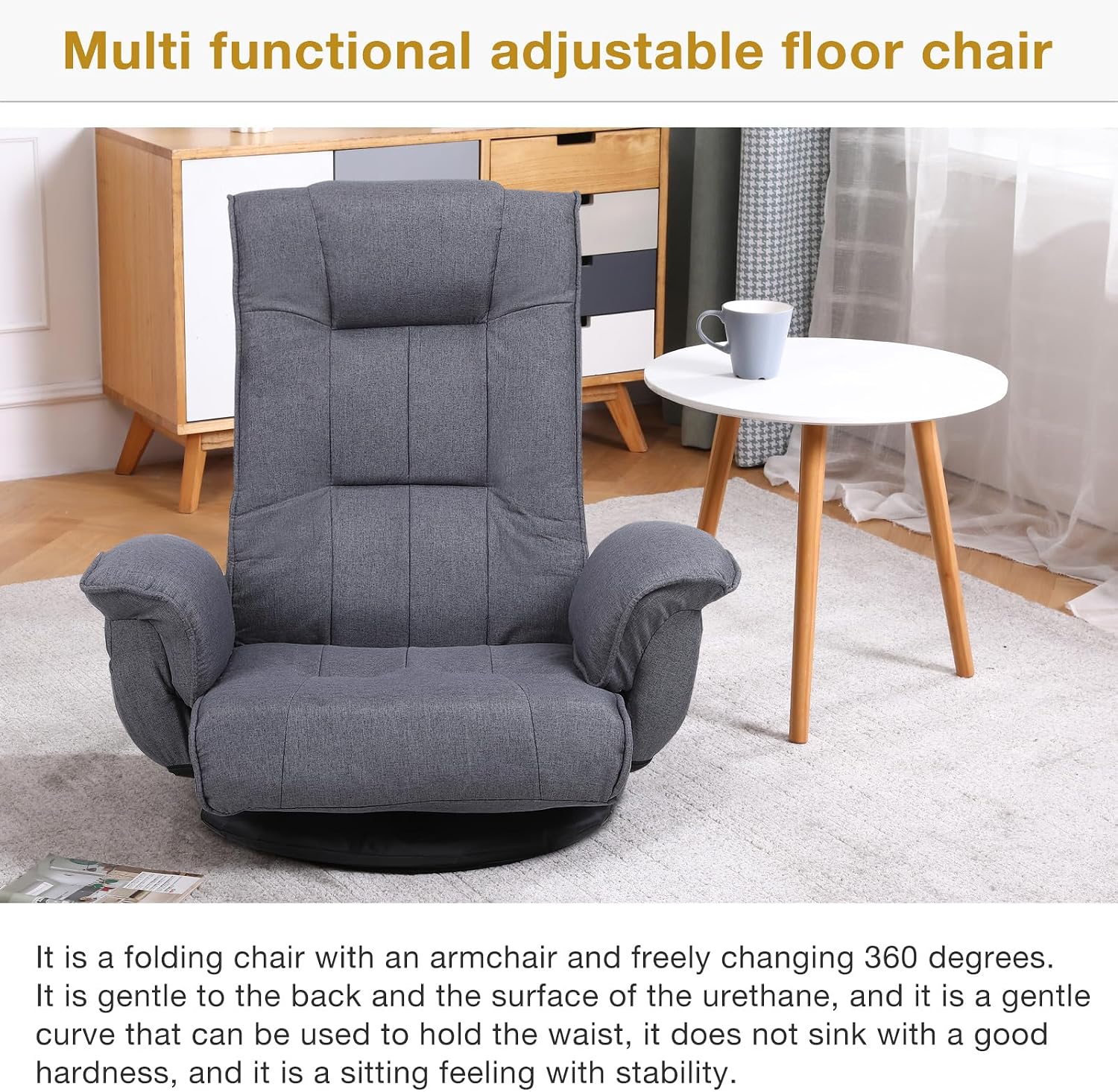 Ergonomic Swivel Floor Gaming Chair with Armrests & Side Pockets, 6-Position Reclining Sofa Bed, Foldable Padded Lounger with Thick Cushion & Lumbar Support for Esports, Reading, TV Watching (Grey)