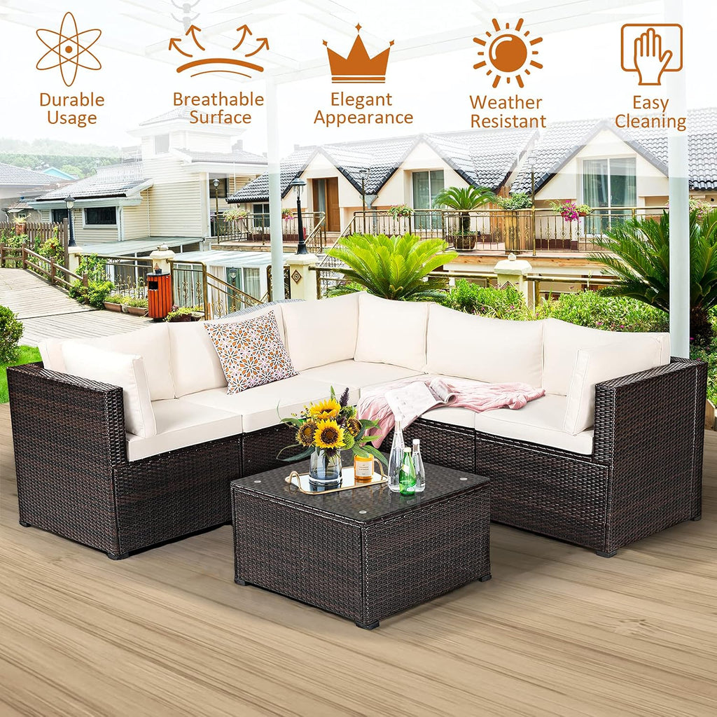 Tangkula 6 Pieces Patio Furniture Set, Outdoor Rattan Sofa Set, Wicker Conversation Set w/Tempered Glass Coffee Table & Cushions, Sectional Sofa Set for Backyard, Garden, Balcony, Poolside (Beige)
