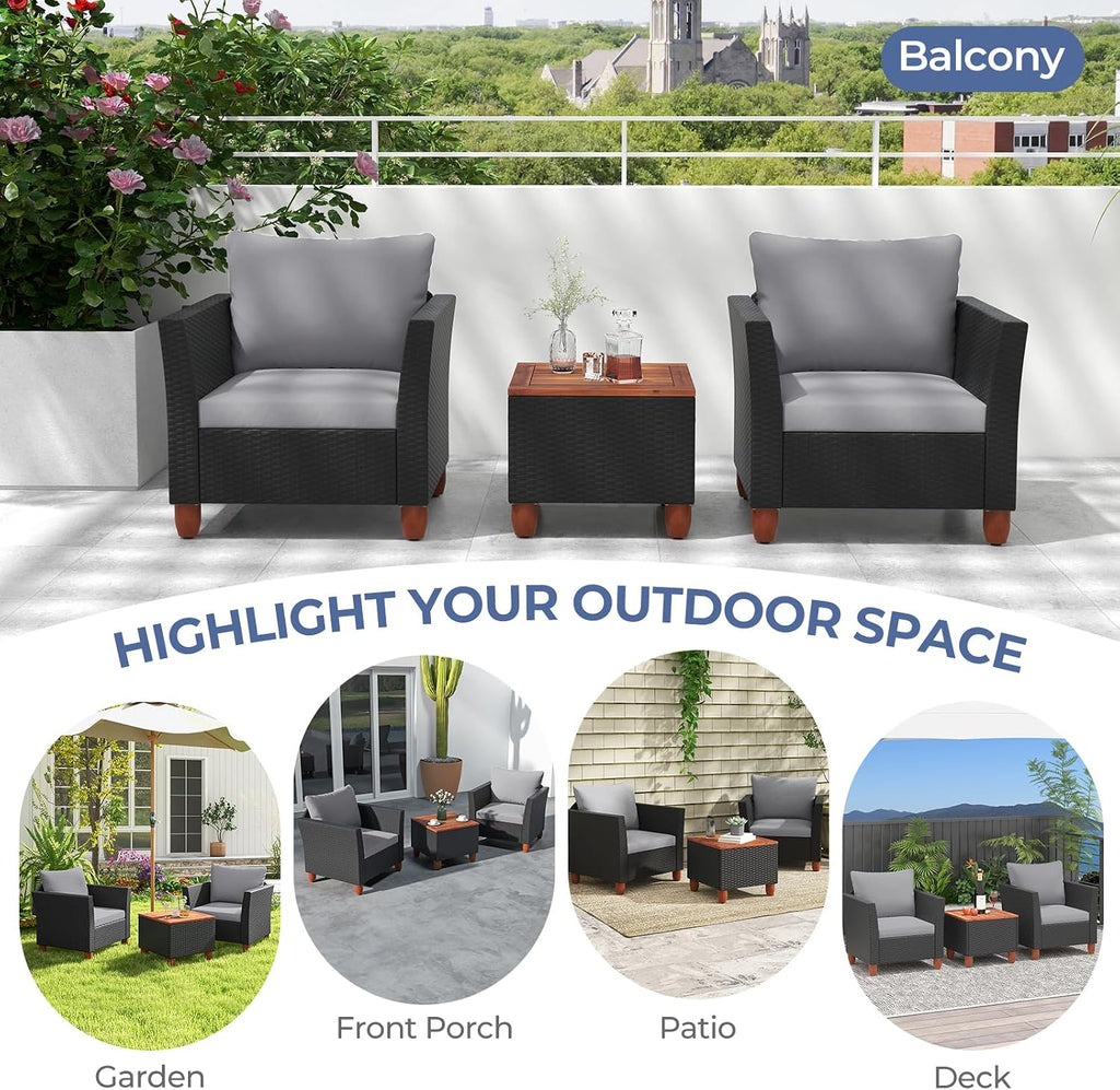 ORALNER 3 Pieces Patio Furniture Set, Outdoor Wicker Conversation Chairs with Cushion, Acacia Coffee Table, Rattan Bistro Set for Balcony Garden Backyard Front Porch Poolside (Grey)