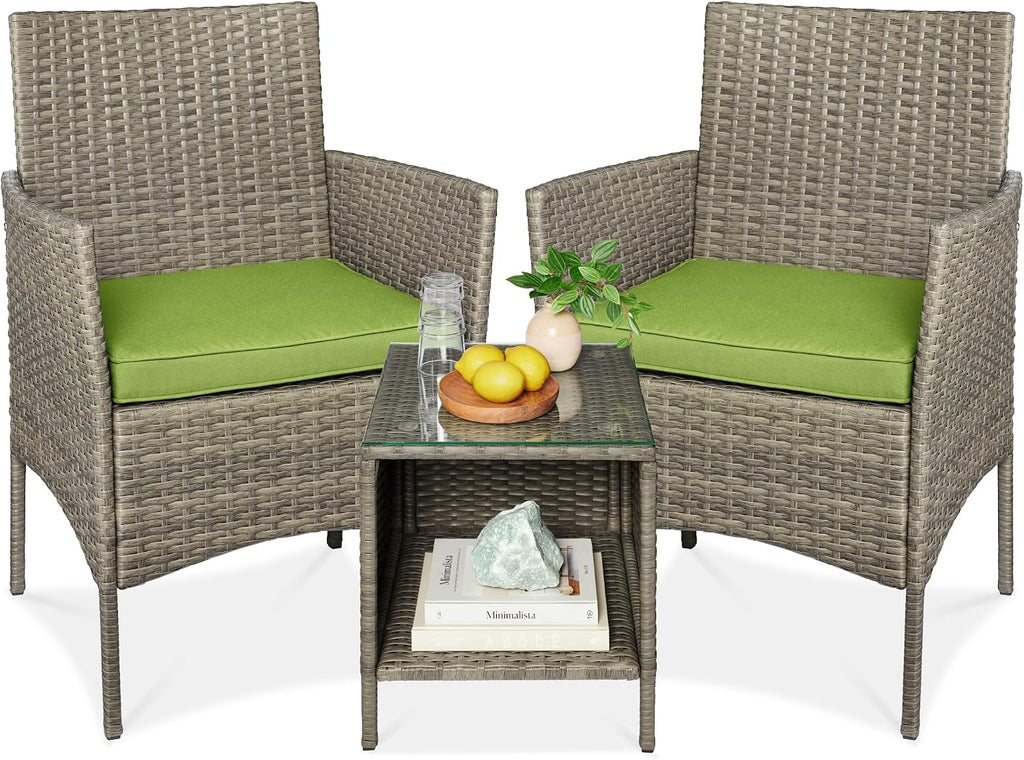 Best Choice Products 3-Piece Outdoor Wicker Conversation Bistro Set, Space Saving Patio Furniture for Garden w/Side Table - Taupe/Pistachio