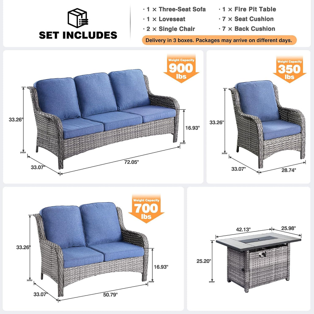ovios 5 Pieces Patio Furniture Set with 42' Fire Pit Table, Outdoor Wicker Sofa with Loveseat, Comfy Cushions, High Back Couch Conversation Set, Grey Rattan, Denim Blue