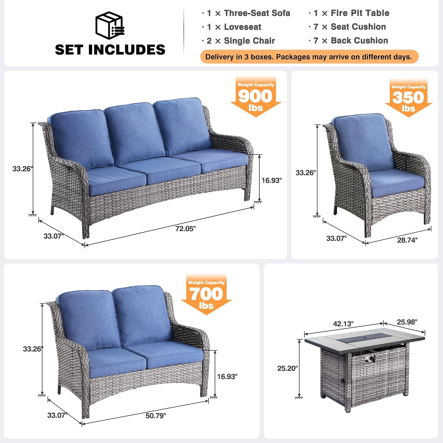 ovios 5 Pieces Patio Furniture Set with 42' Fire Pit Table, Outdoor Wicker Sofa with Loveseat, Comfy Cushions, High Back Couch Conversation Set, Grey Rattan, Denim Blue
