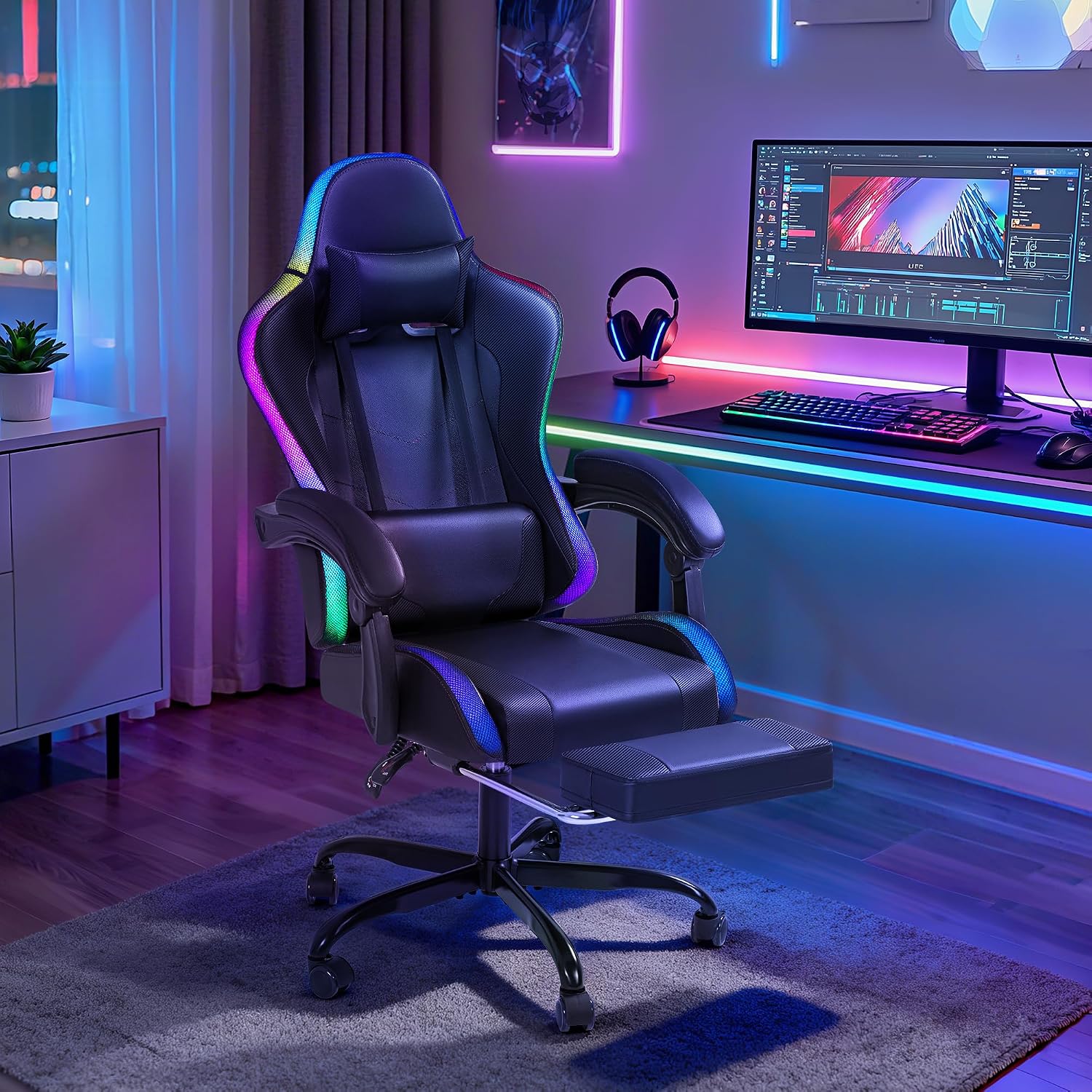 Gaming Chair with RGB, Computer Gaming Chairs with LED Lights and Footrest for Home, Office, Black