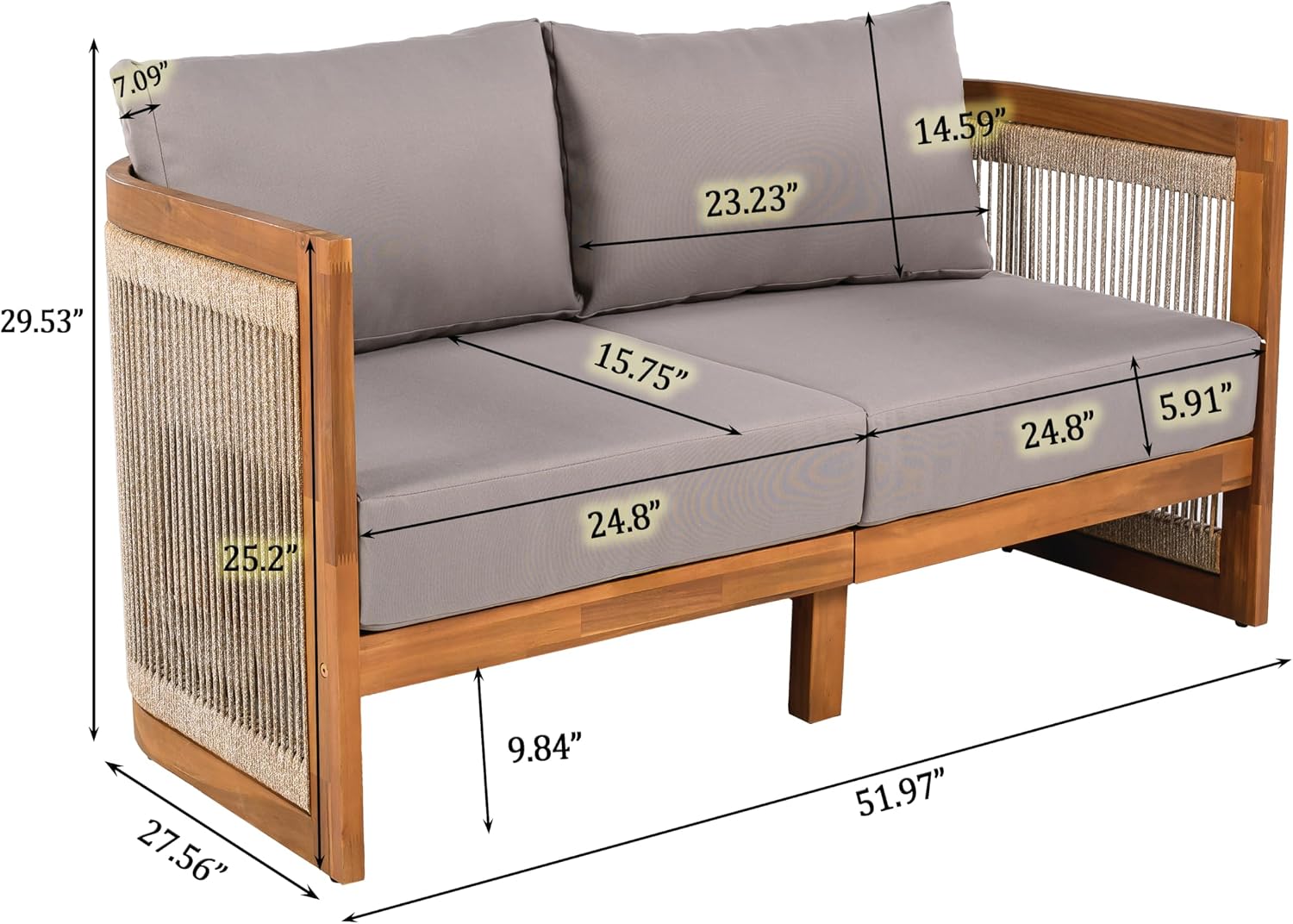Acacia Wood Patio Multi-Person Sofa Set with Round Coffee Table and Woven Rope Accents, All-Weather Conversation Set Outdoor Seating Group for Garden Backyard Poolside Balcony (Teak+Grey)